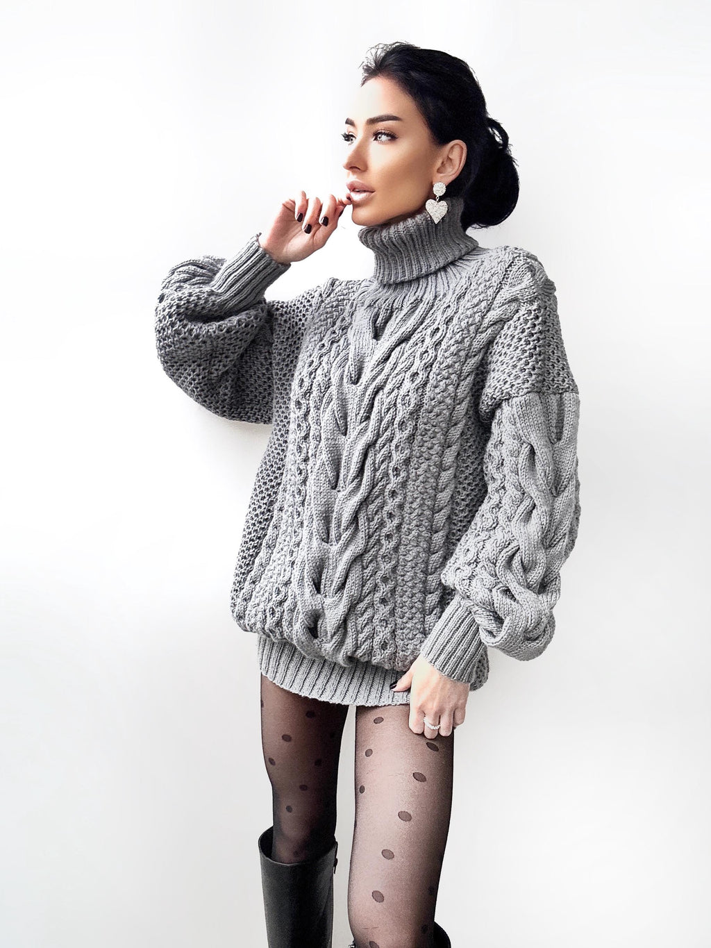 Aran long oversiz Grey big hand knit merino wool mixture sweater Turtleneck Graphite cable knit pullover women Сhunky knit sweater
