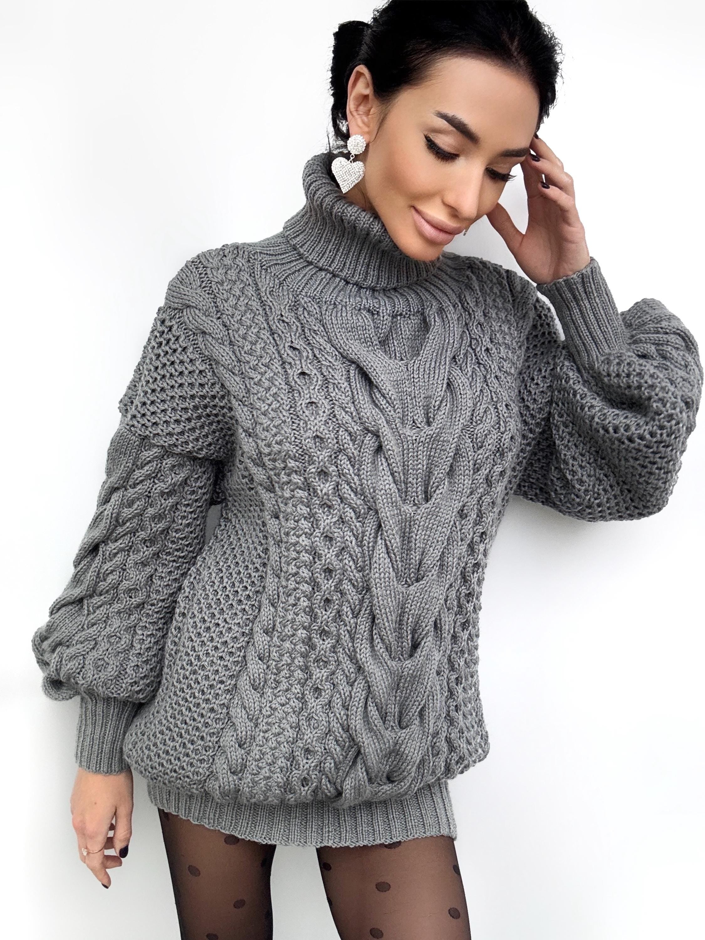 Aran long oversiz Grey big hand knit merino wool mixture sweater Turtleneck Graphite cable knit pullover women Сhunky knit sweater