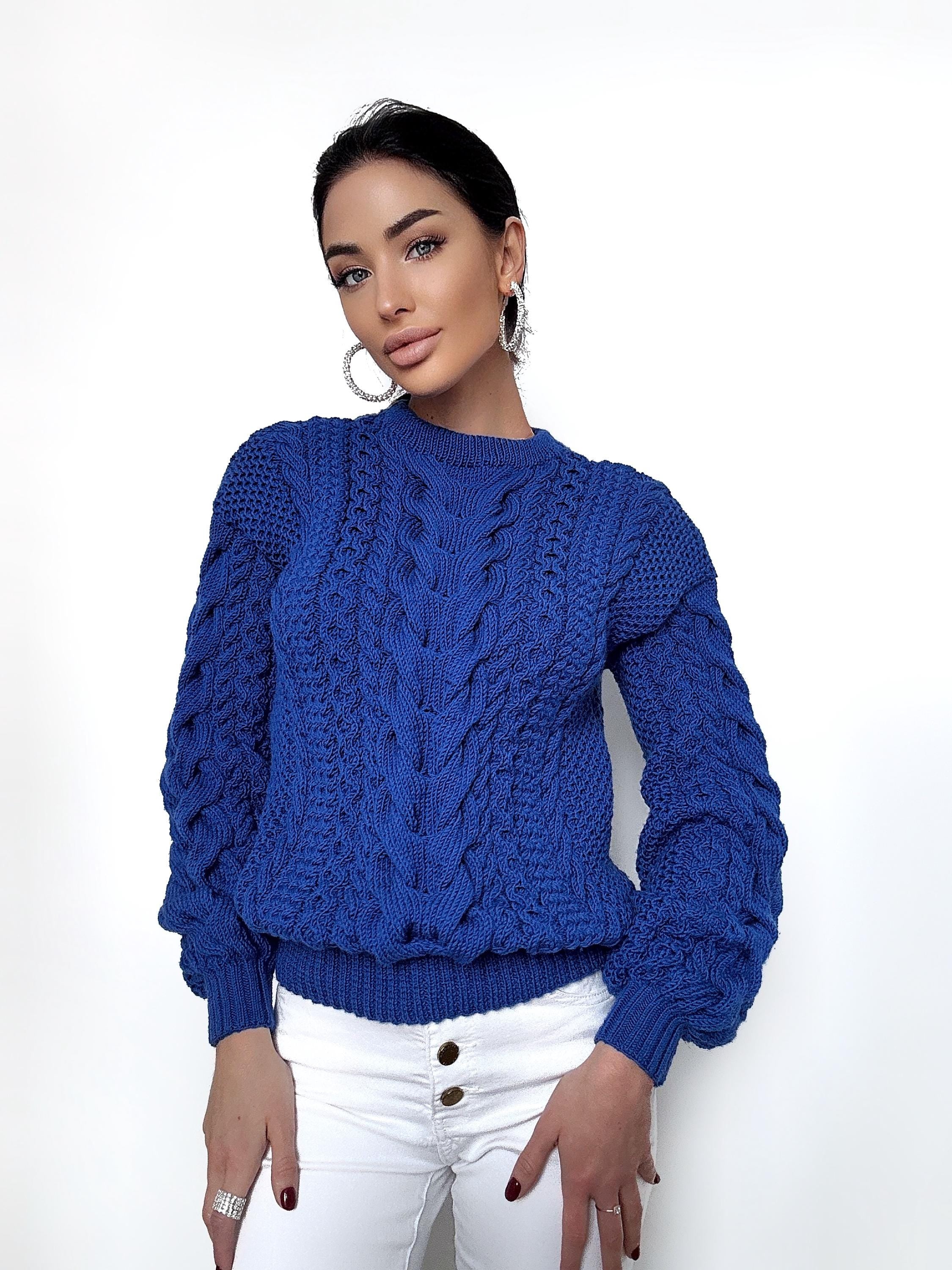 Soft merino wool Blue Merino wool knit sweater for women Hand knitted jumper Cable knitting Loose knit pullover