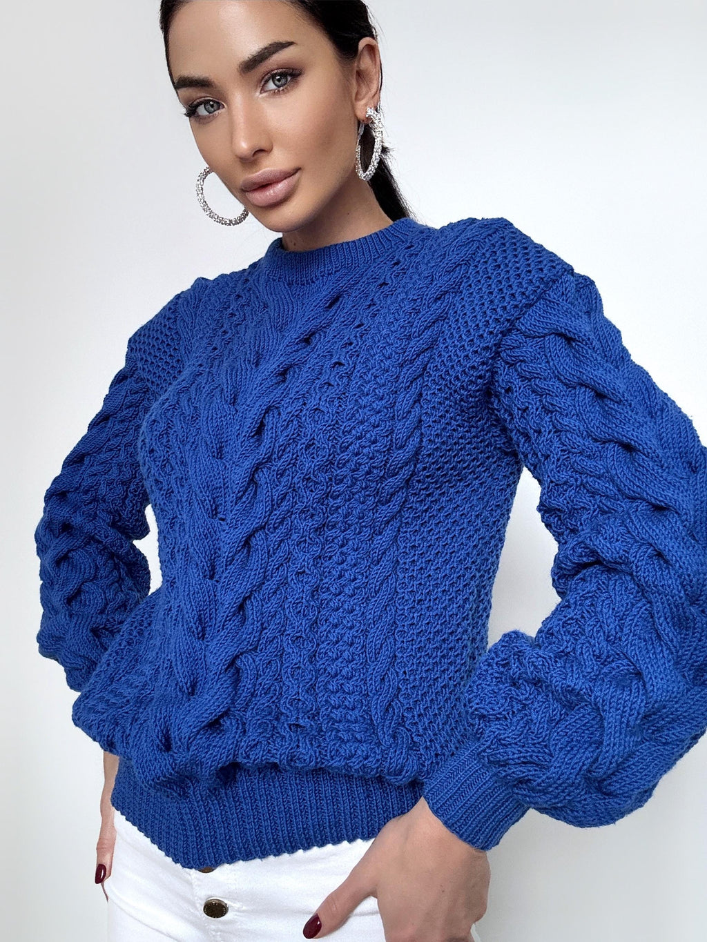Soft merino wool Blue Merino wool knit sweater for women Hand knitted jumper Cable knitting Loose knit pullover