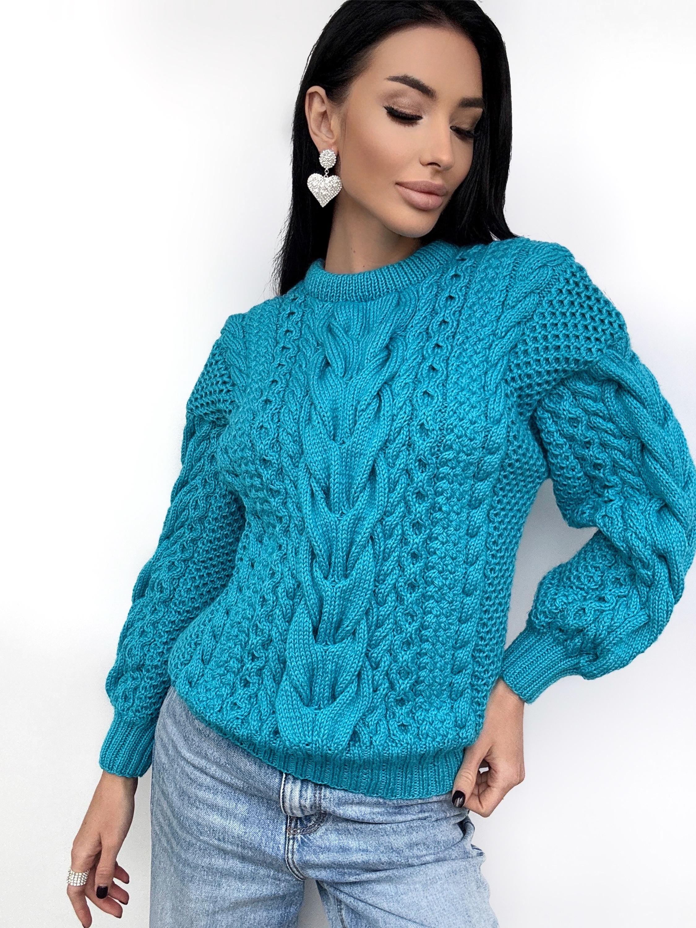 Merino wool hand knit blue turquoise sweater women/unisex Cable knit handmade jumper Loose chunky knit Scandinavian cable knit pullover