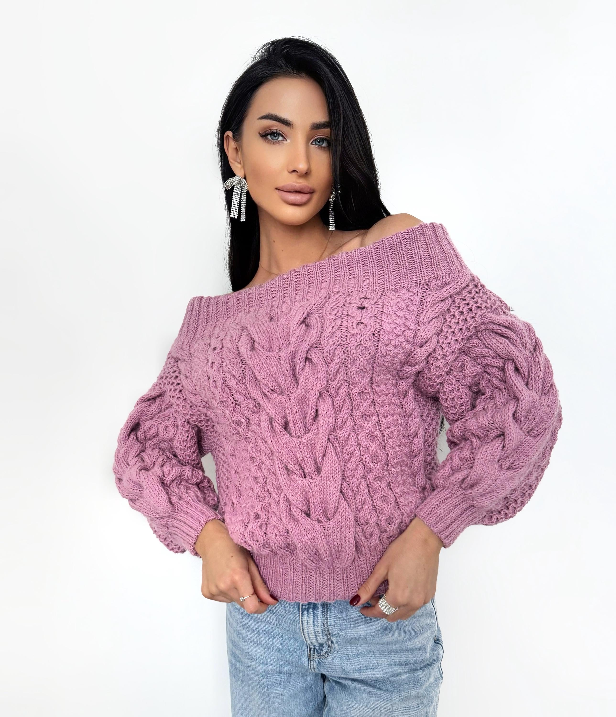 Hand knit alpaca wool pink sweater off shoulders woman Cable hand knit sweater Loose pullover Сhunky knit bulky on one shoulder