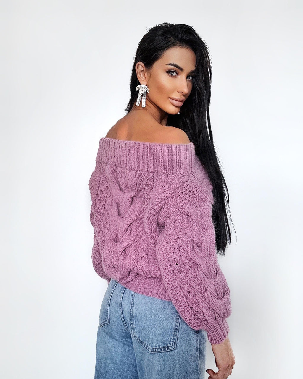 Pink pastel hand knit alpaca wool sweater woman Cable hand knit sweater Loose pastel pullover Oversized chunky knit bulky off shoulder