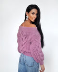 Pink pastel hand knit alpaca wool sweater woman Cable hand knit sweater Loose pastel pullover Oversized chunky knit bulky off shoulder