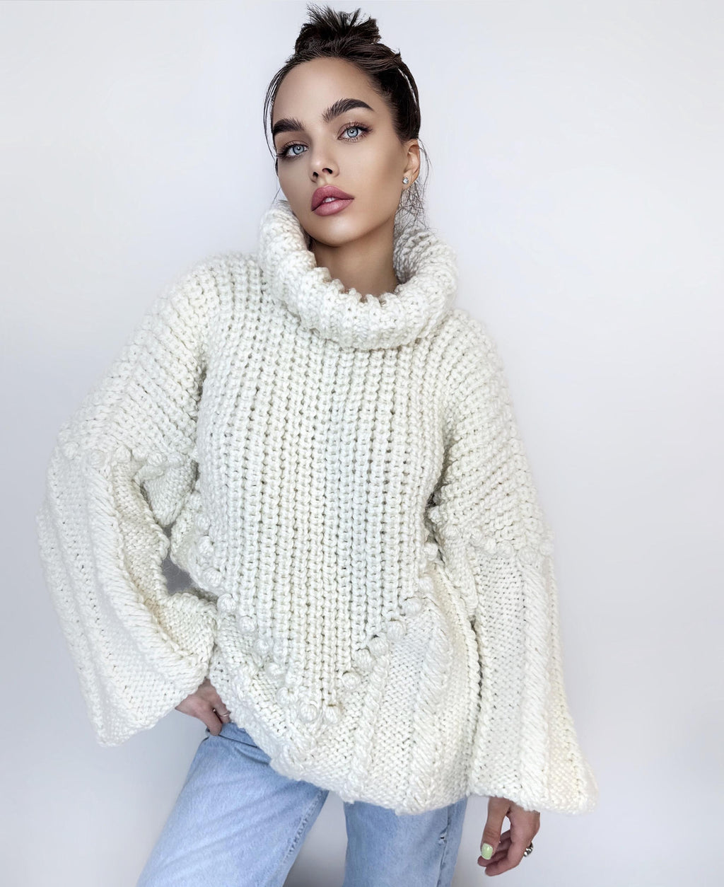 Chunky hand knit Big White Milk Cream alpaca wool sweater Cable knit pullover high collar Knitted turtleneck Super Bulky Sweater dress