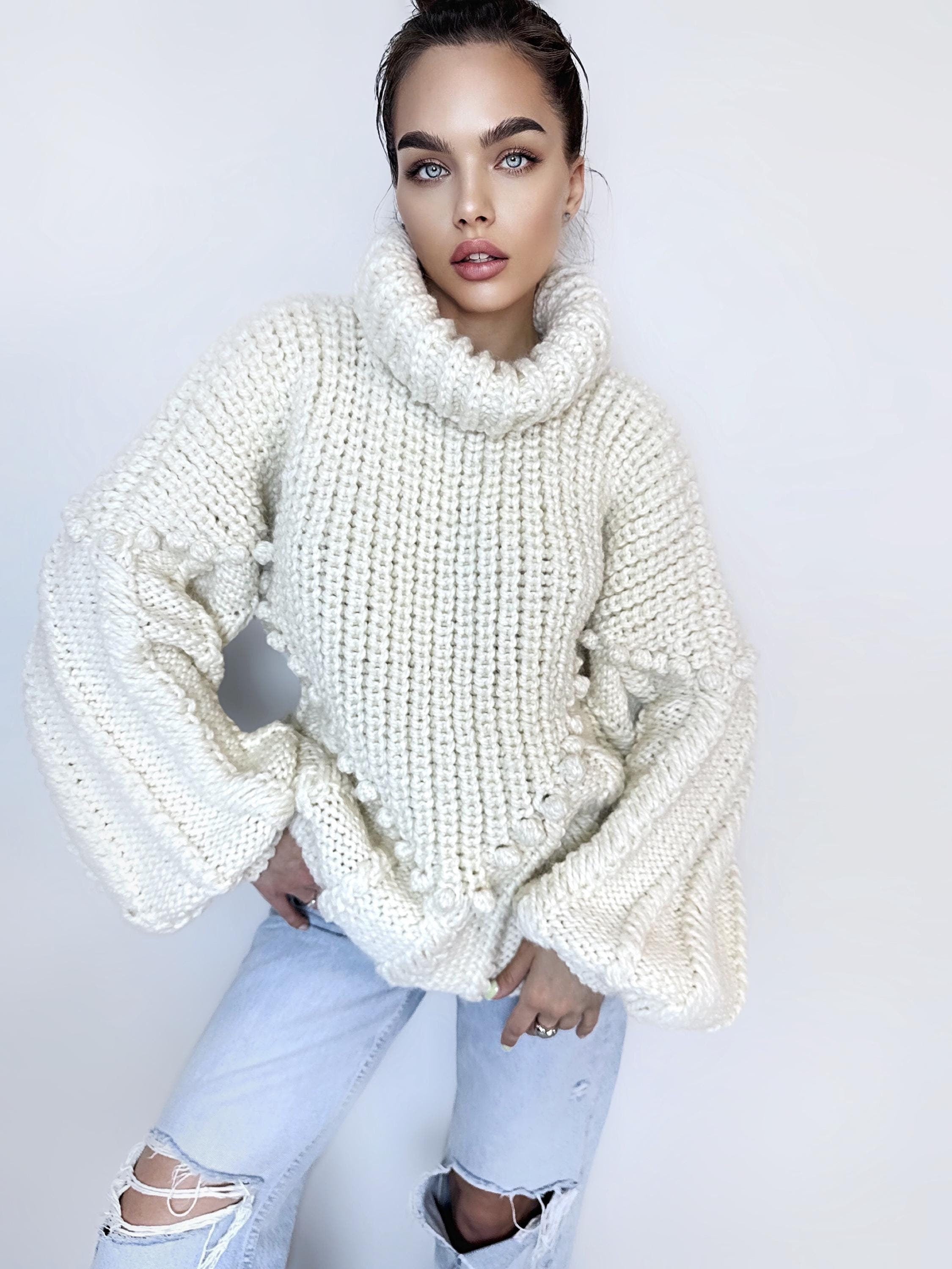 Chunky hand knit Big White Milk Cream alpaca wool sweater Cable knit pullover high collar Knitted turtleneck Super Bulky Sweater dress