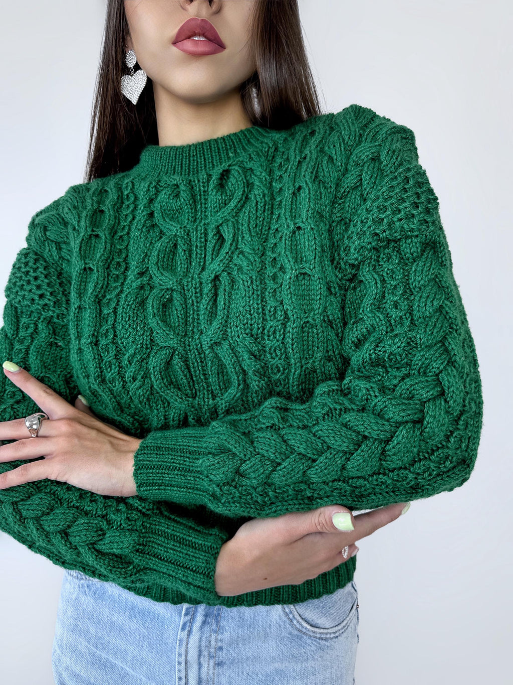 Green crop soft merino wool hand knit sweater womans Hand Knitted Emerald Jumper Cable Knit Loose Knit Oversized High Narrow waist elastic