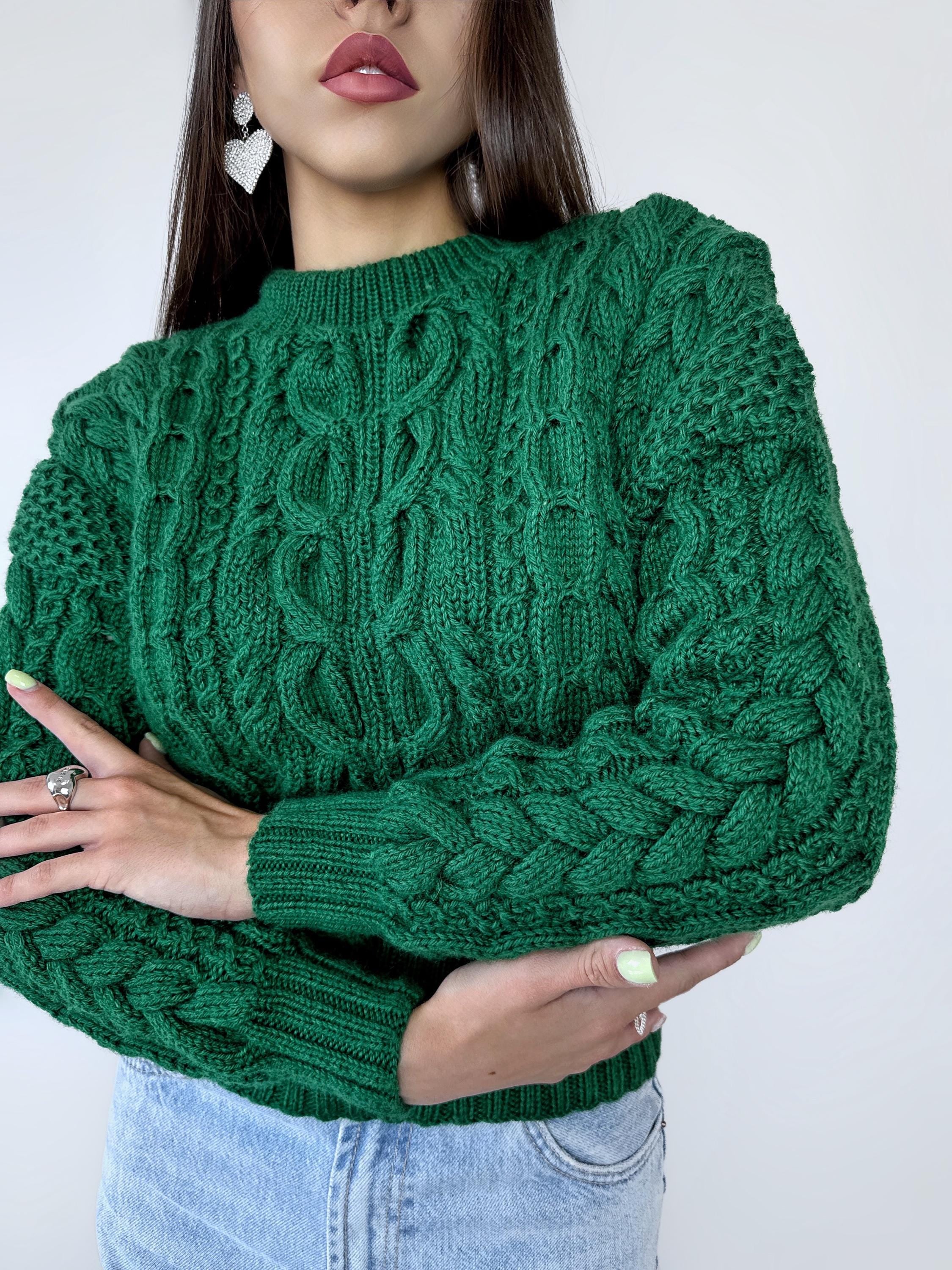 Cable knit green crop soft merino wool high waist hand knit malachite sweater womans Chunky knit Emerald Jumper Loose Knit Oversized