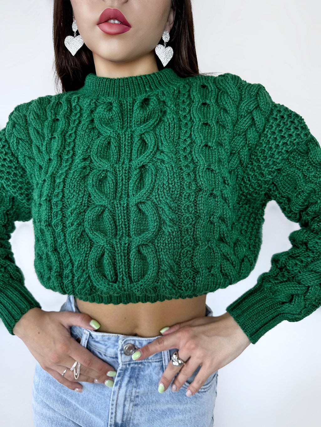Green crop soft merino wool hand knit sweater womans Hand Knitted Emerald Jumper Cable Knit Loose Knit Oversized High Narrow waist elastic