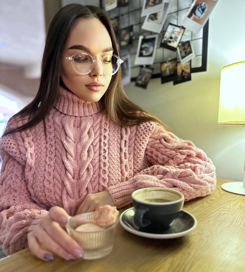 Hand knit pink chunky turtleneck high throat sweater Oversize cozy wool sweater Women cable knit sweater Pink Many colors pullover