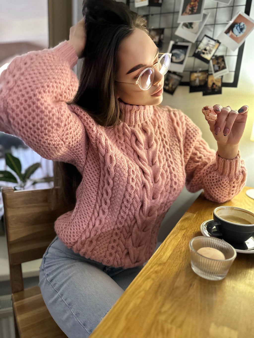 Hand knit pink chunky turtleneck high throat sweater Oversize cozy wool sweater Women cable knit sweater Pink Many colors pullover