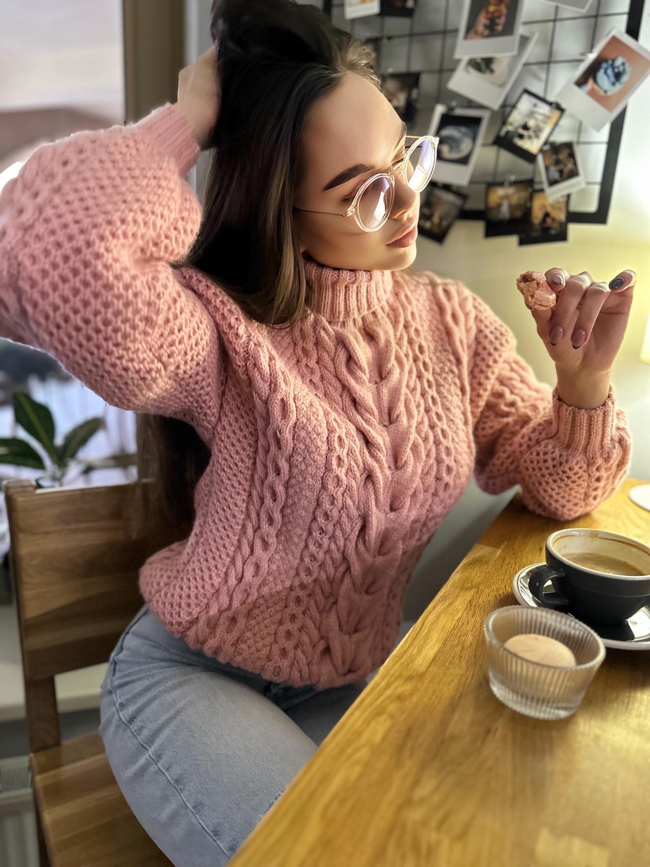 Hand knit pink chunky turtleneck high throat sweater Oversize cozy wool sweater Women cable knit sweater Pink Many colors pullover