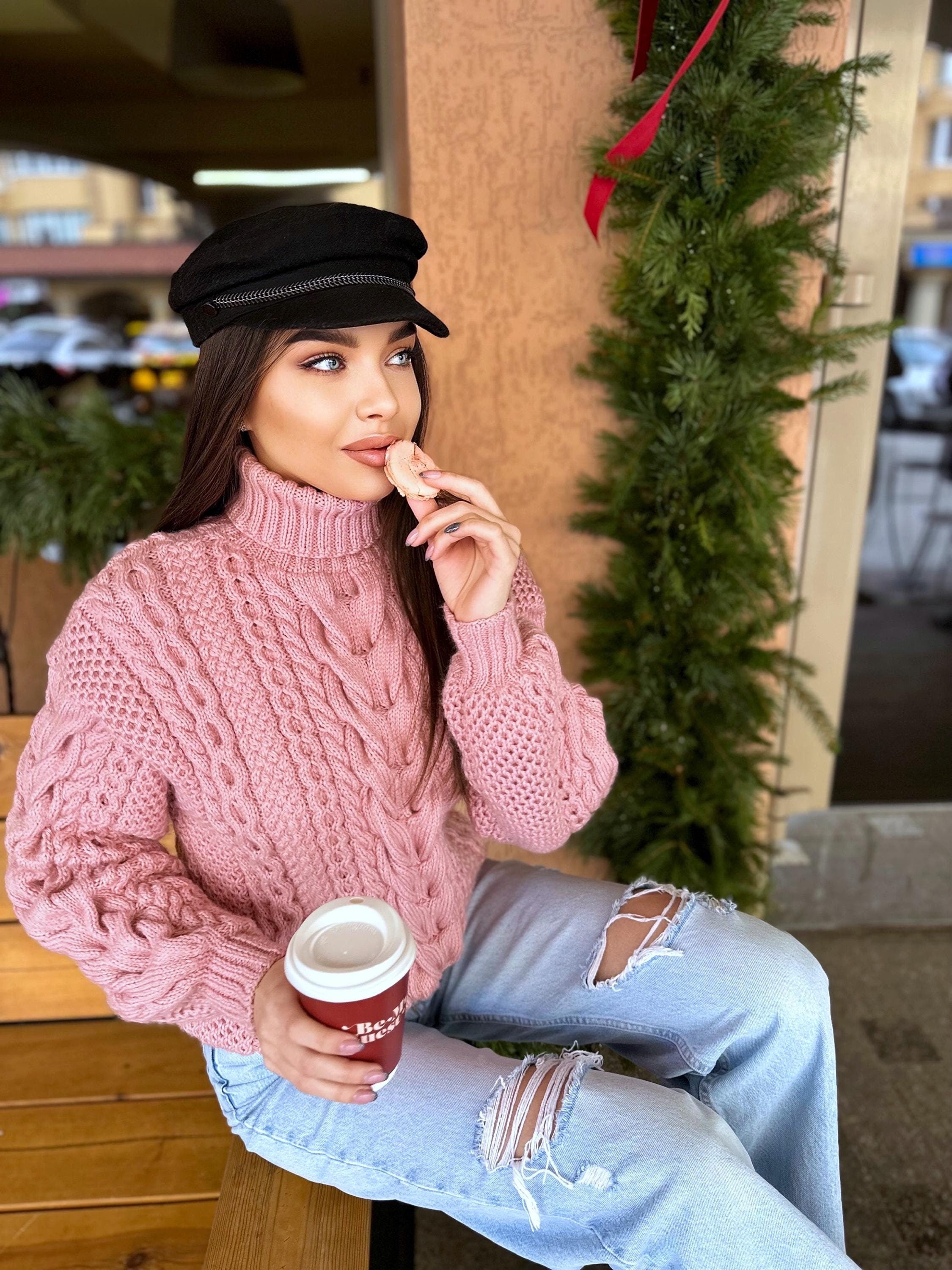 Hand knit pink chunky turtleneck high throat sweater Oversize cozy wool sweater Women cable knit sweater Pink Many colors pullover