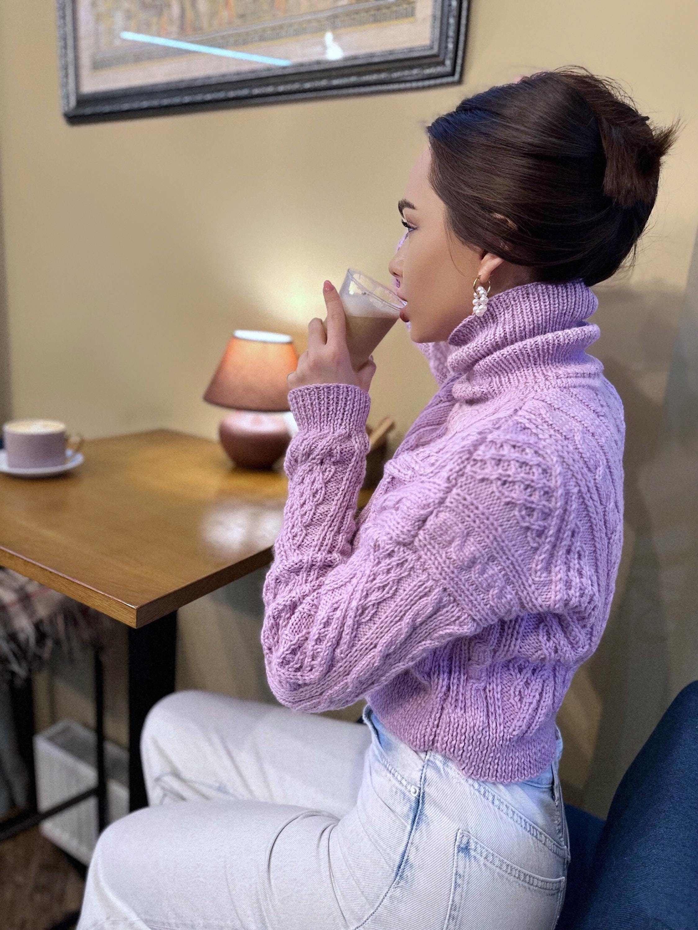 Hand knit crop-sweater Chunky knit turtleneck pullover Oversize cozy sweater Women cable knit sweater Lilac Pink Short pullover Top