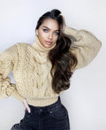 Chunky crop hand knitted Pastel light beige Milk sweater Knit Turtleneck Oversize Pullover Womens Cable knit merino wool winter sweater