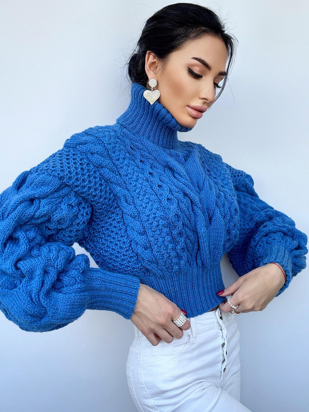Crop hand knitted blue sweater Chunky Knit Turtleneck Oversized Pullover Women's Cable knit Jumper merino wool winter sweater
