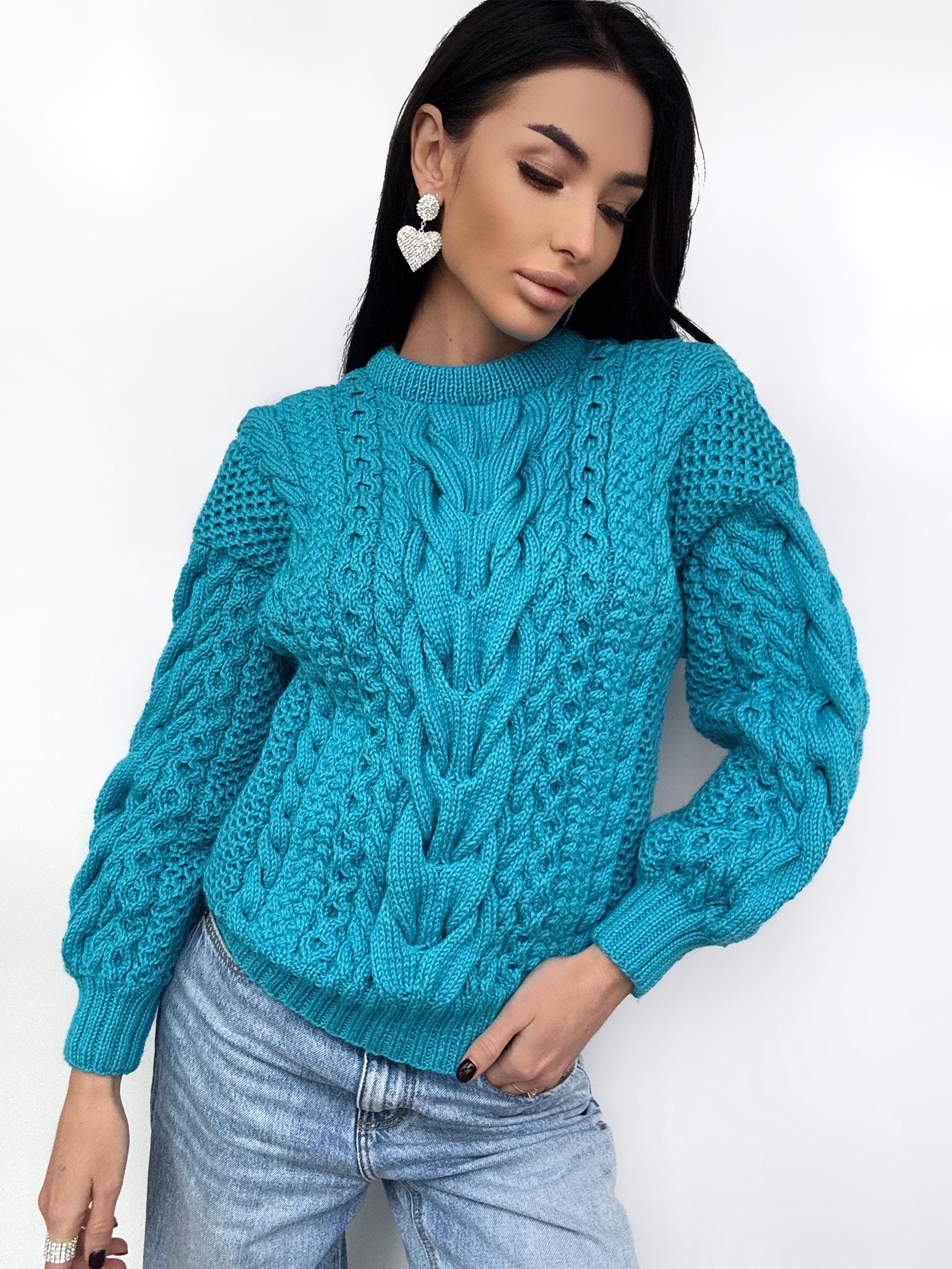 Merino wool hand knit blue turquoise merino sweater women/unisex Cable knit jumper Loose chunky knit Scandinavian cable knit pullover