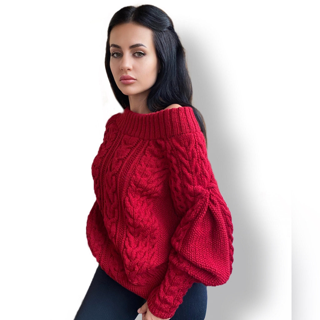 Cable knit red sweater Chunky knit merino wool sweater women One shoulder sweater Hand Knitted cotton Jumper Warm & Cosy pullover