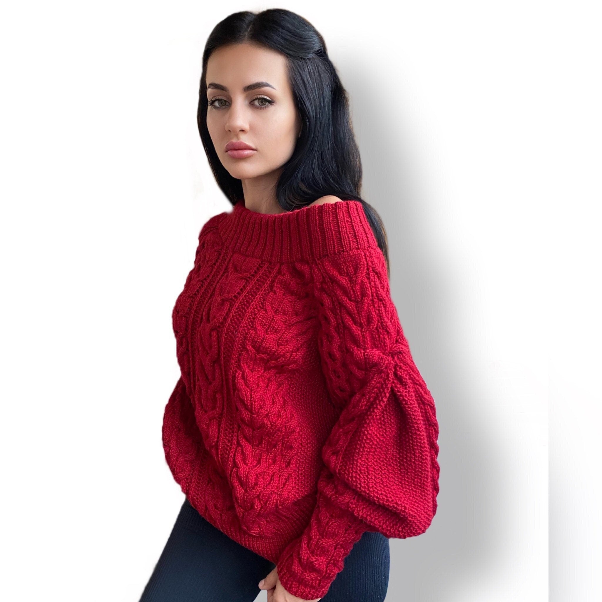 Cable knit red sweater Chunky knit merino wool sweater women One shoulder sweater Hand Knitted cotton Jumper Warm & Cosy pullover