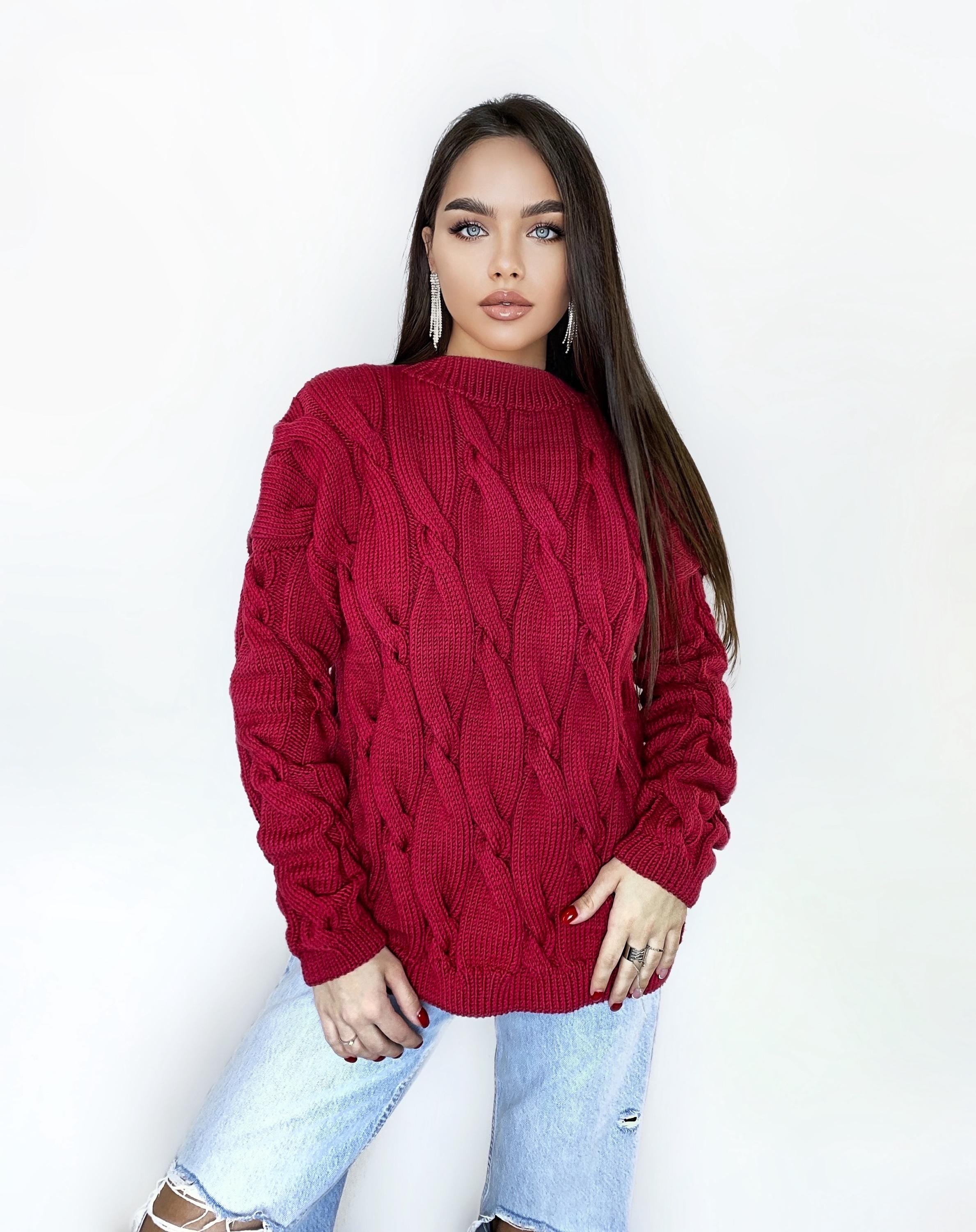 Chunky knit merino wool Red Oversized sweater dress Braids sweater Cable knit burgundy sweater Women Knitwear turtleneck unique gifts
