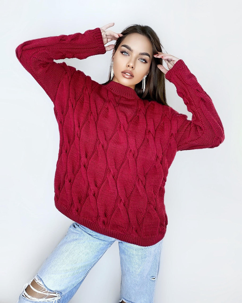 Chunky knit merino wool Red Oversized sweater dress Braids sweater Cable knit burgundy sweater Women Knitwear turtleneck unique gifts