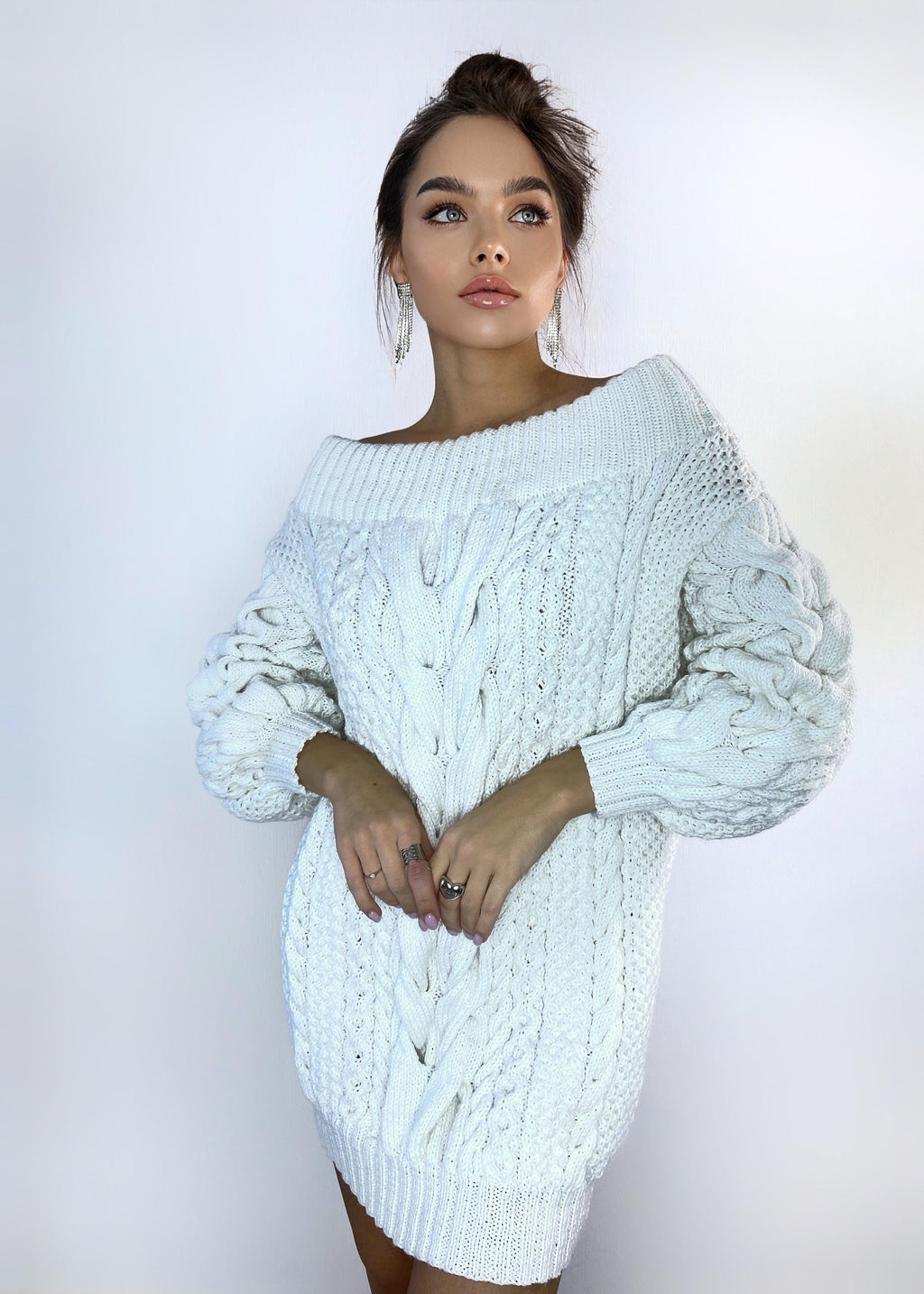 Hand knit sweater dresses for women White off shoulder sweater dress Long Cable wool sweater Knitted one shoulder dress Big cozy pulover