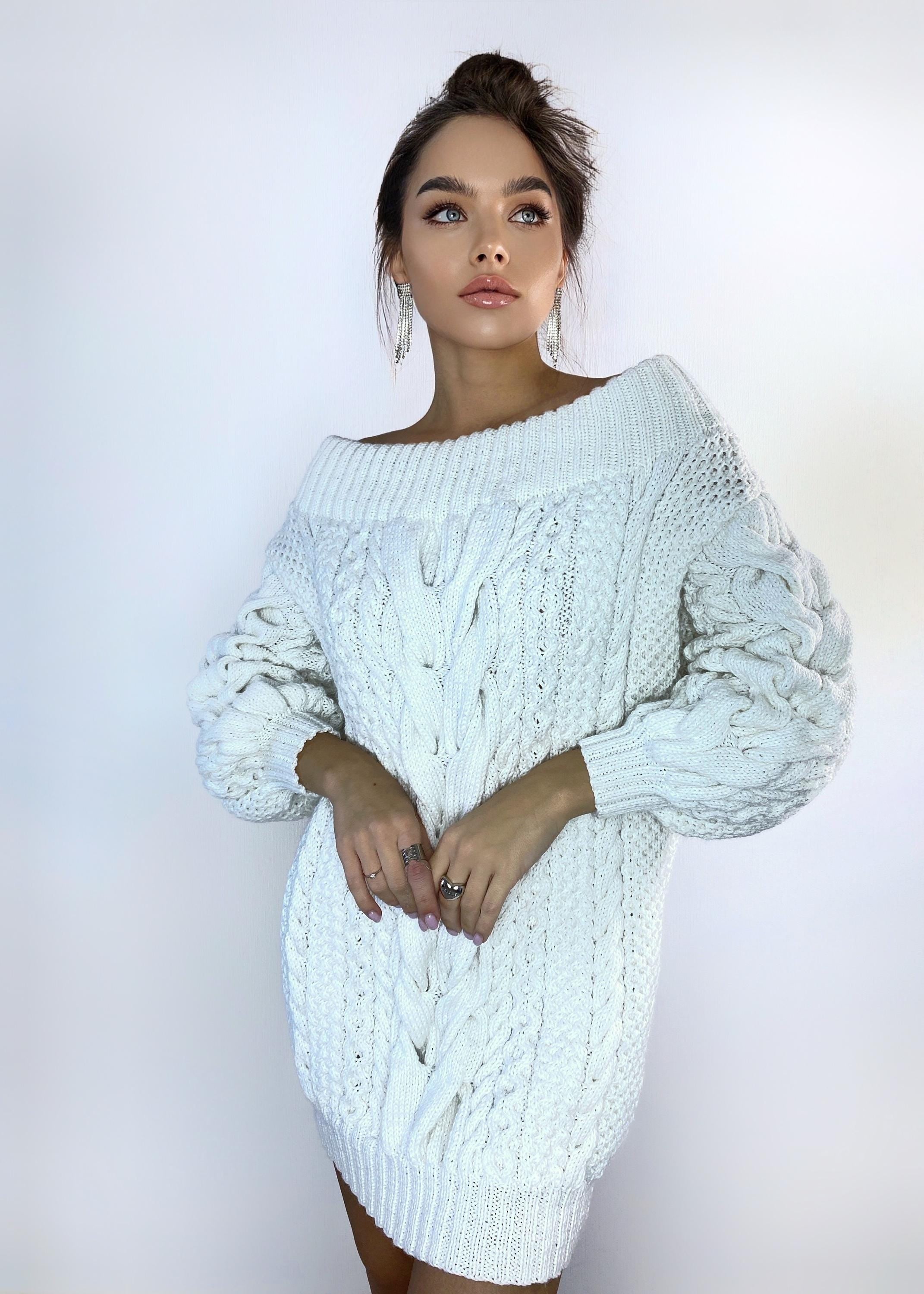 Hand knit sweater dresses for women White off shoulder sweater dress Long Cable wool sweater Knitted one shoulder dress Big cozy pulover