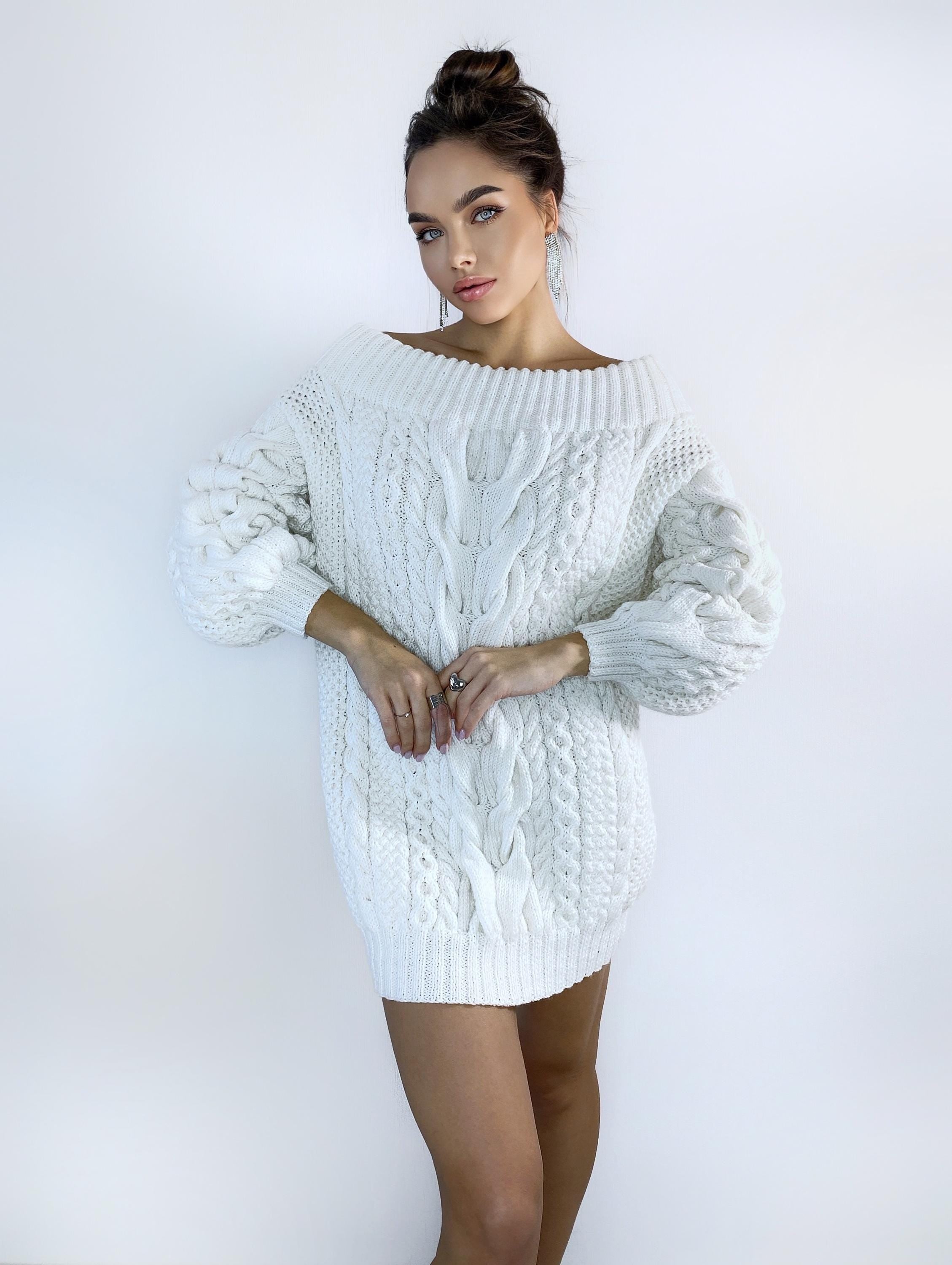 Hand knit sweater dresses for women White off shoulder sweater dress Long Cable wool sweater Knitted one shoulder dress Big cozy pulover