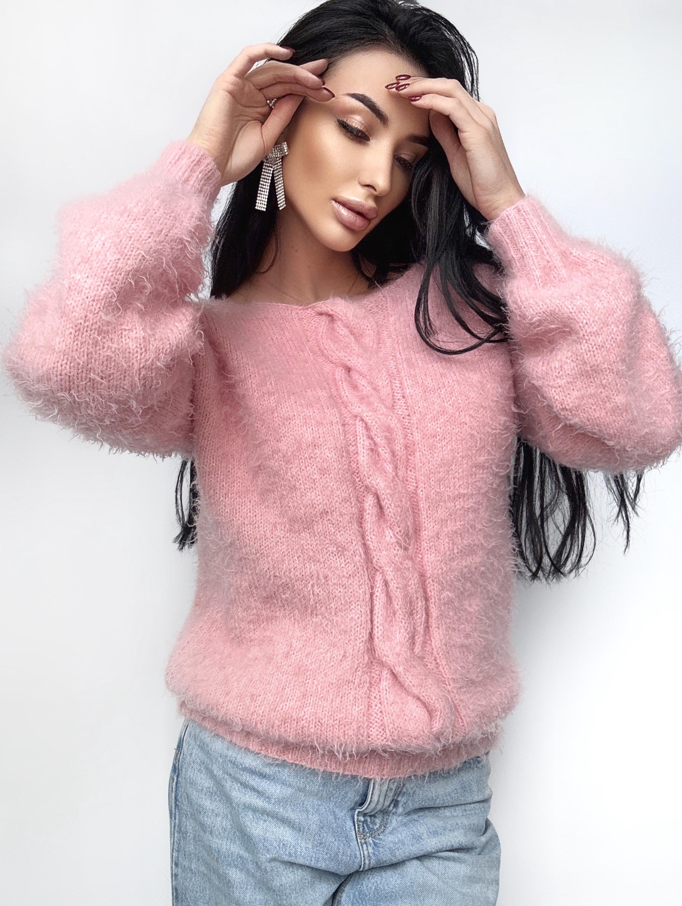 Hand knit Pink Powder wool FREE soft fluffy body friendly sweater Open back Deep V-neckline Analogue of angora pullover Loose fit oversize