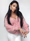 Hand knit Pink Powder wool FREE soft fluffy body friendly sweater Open back Deep V-neckline Analogue of angora pullover Loose fit oversize