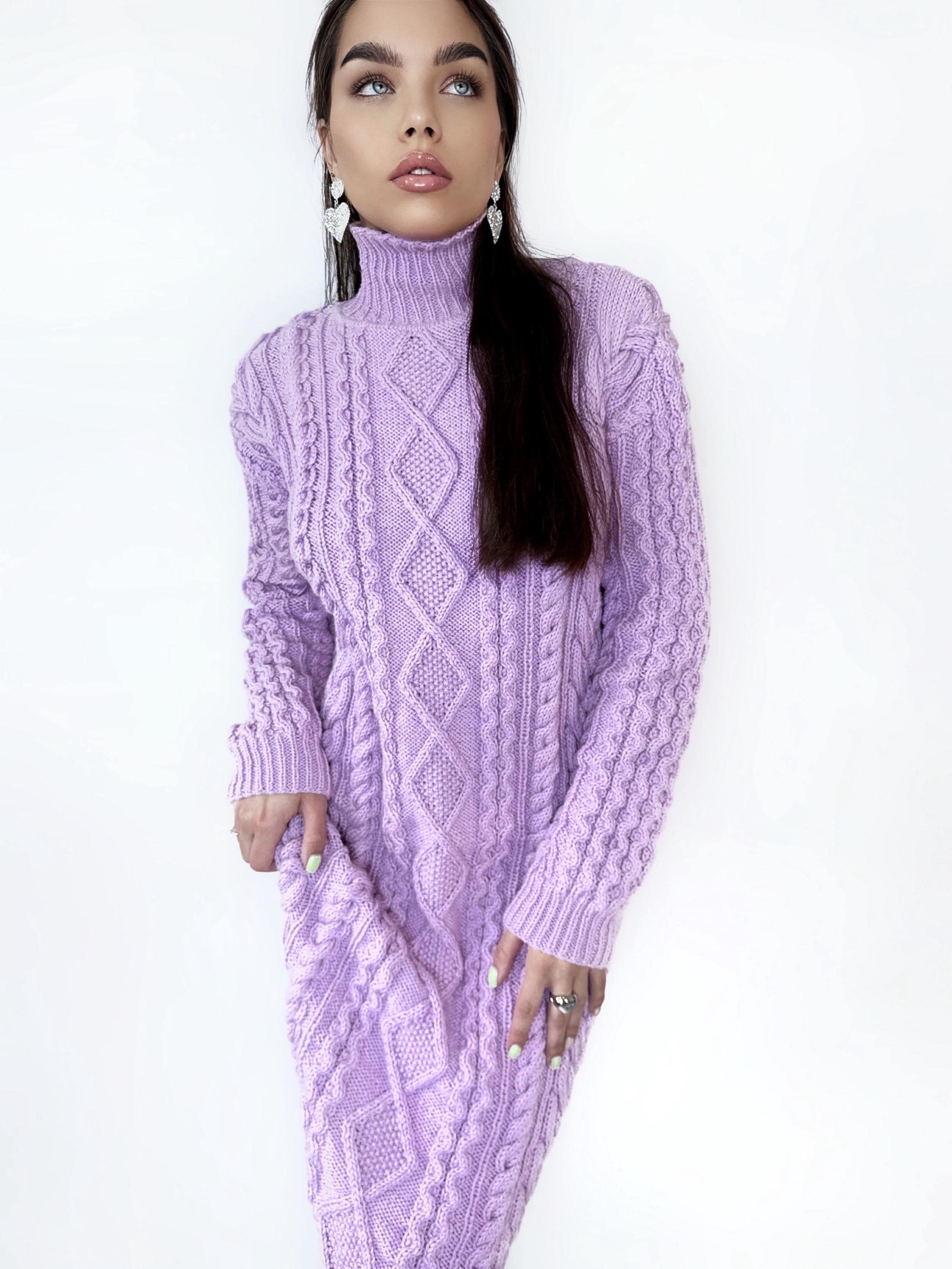 Hand knit sweater dress Chunky knit turtleneck pullover Oversize cozy sweater high collar Women cable knit sweater Lilac Pink dress Tunic