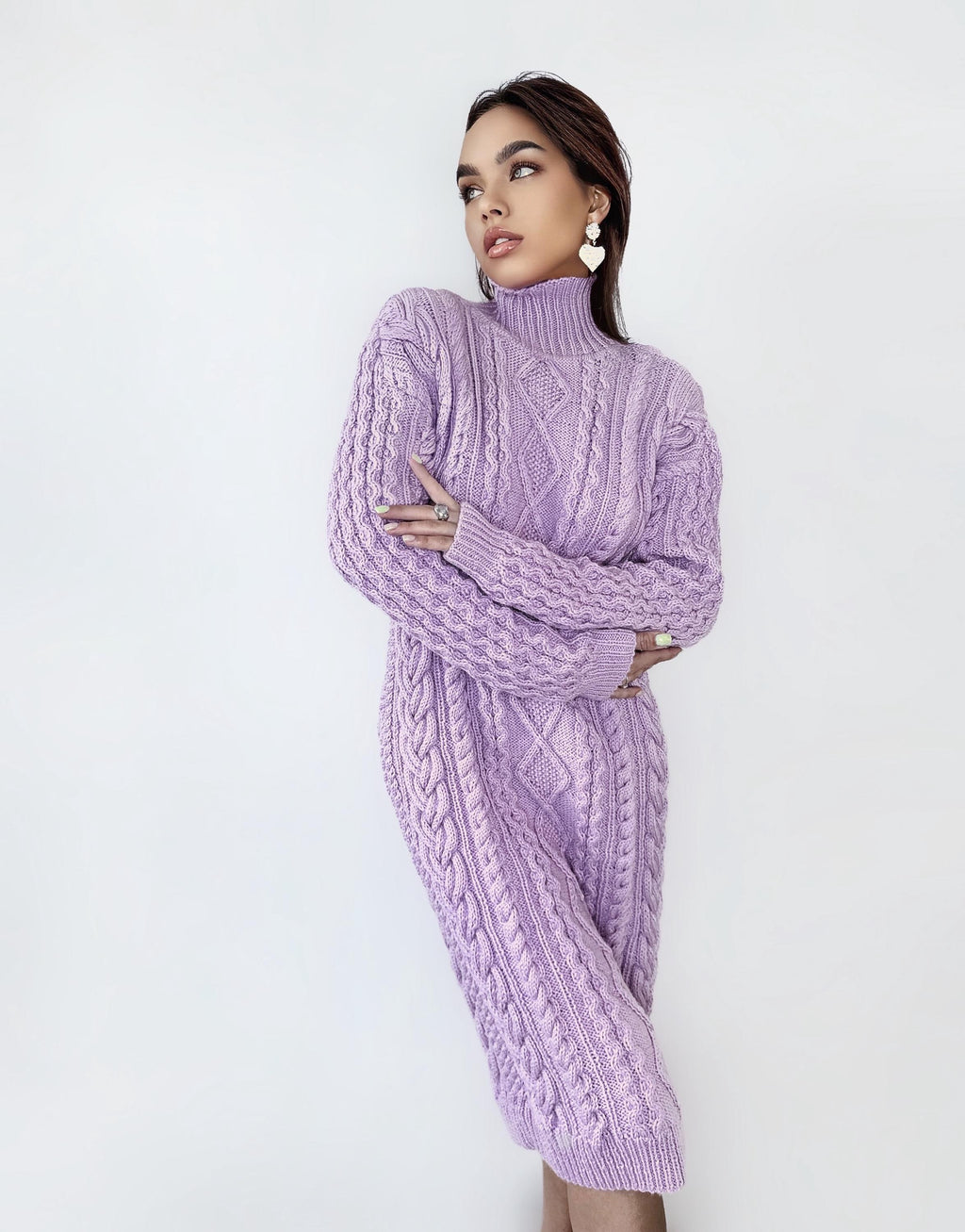 Hand knit sweater dress Chunky knit turtleneck pullover Oversize cozy sweater high collar Women cable knit sweater Lilac Pink dress Tunic
