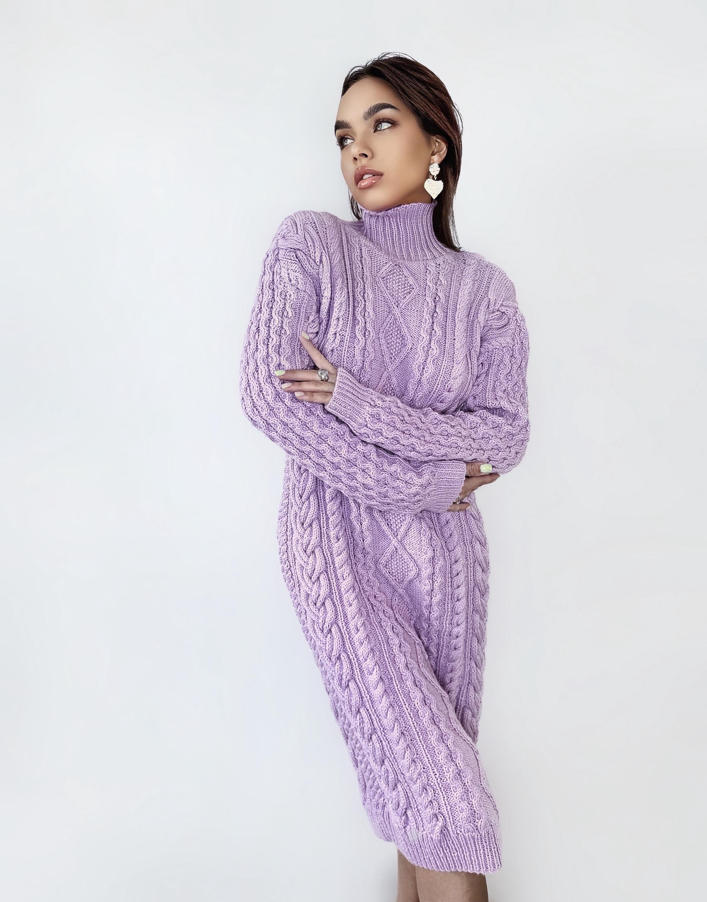 Hand knit sweater dress Chunky knit turtleneck pullover Oversize cozy sweater high collar Women cable knit sweater Lilac Pink dress Tunic