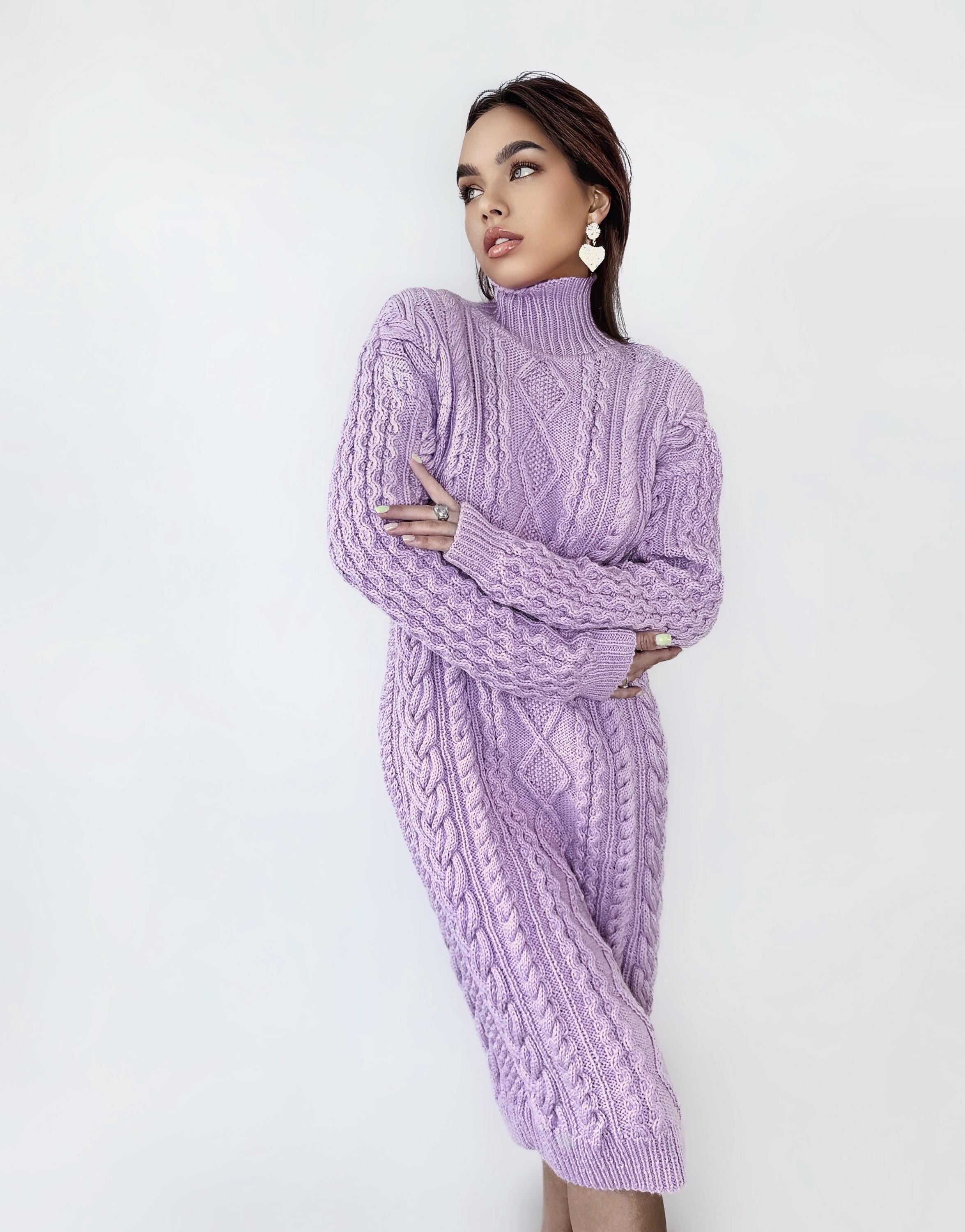 Hand knit sweater dress Chunky knit turtleneck pullover Oversize cozy sweater high collar Women cable knit sweater Lilac Pink dress Tunic