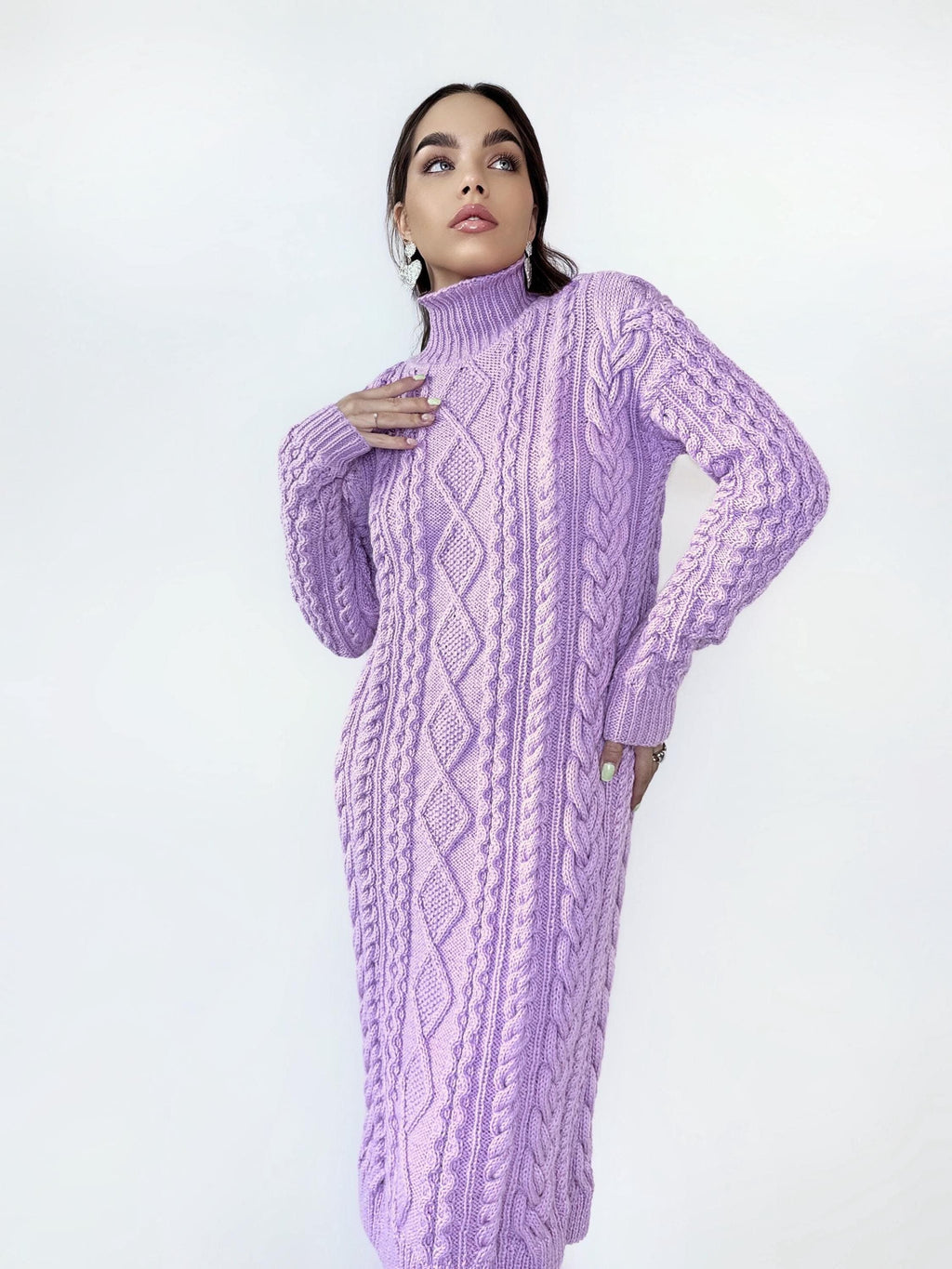 Hand knit sweater dress Chunky knit turtleneck pullover Oversize cozy sweater high collar Women cable knit sweater Lilac Pink dress Tunic