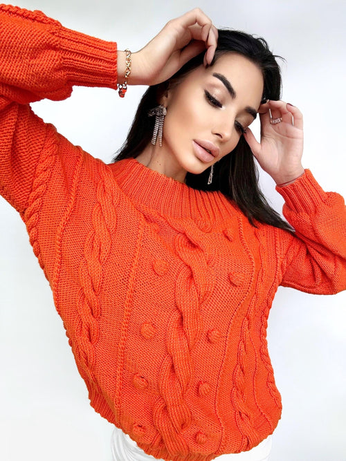 Cable knit orange cotton sweater Loose knit Oversized Halloween sweater Open shoulder pullover Pom pom Eco friendly hypoallergenic pullover