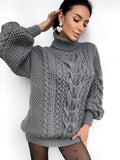 Aran long oversiz Grey big hand knit merino wool mixture sweater Turtleneck Graphite cable knit pullover women Сhunky knit sweater