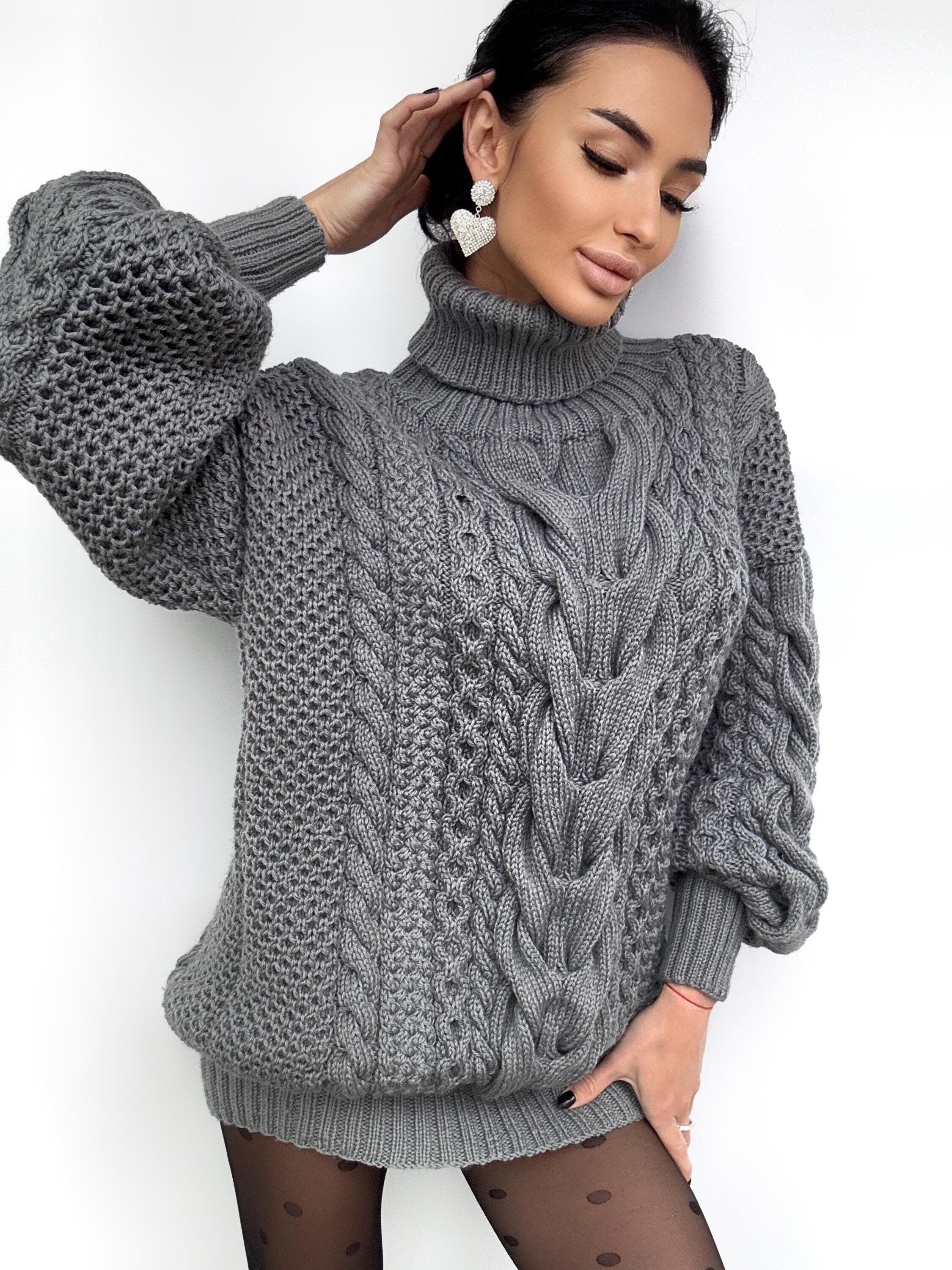 Aran long oversiz Grey big hand knit merino wool mixture sweater Turtleneck Graphite cable knit pullover women Сhunky knit sweater