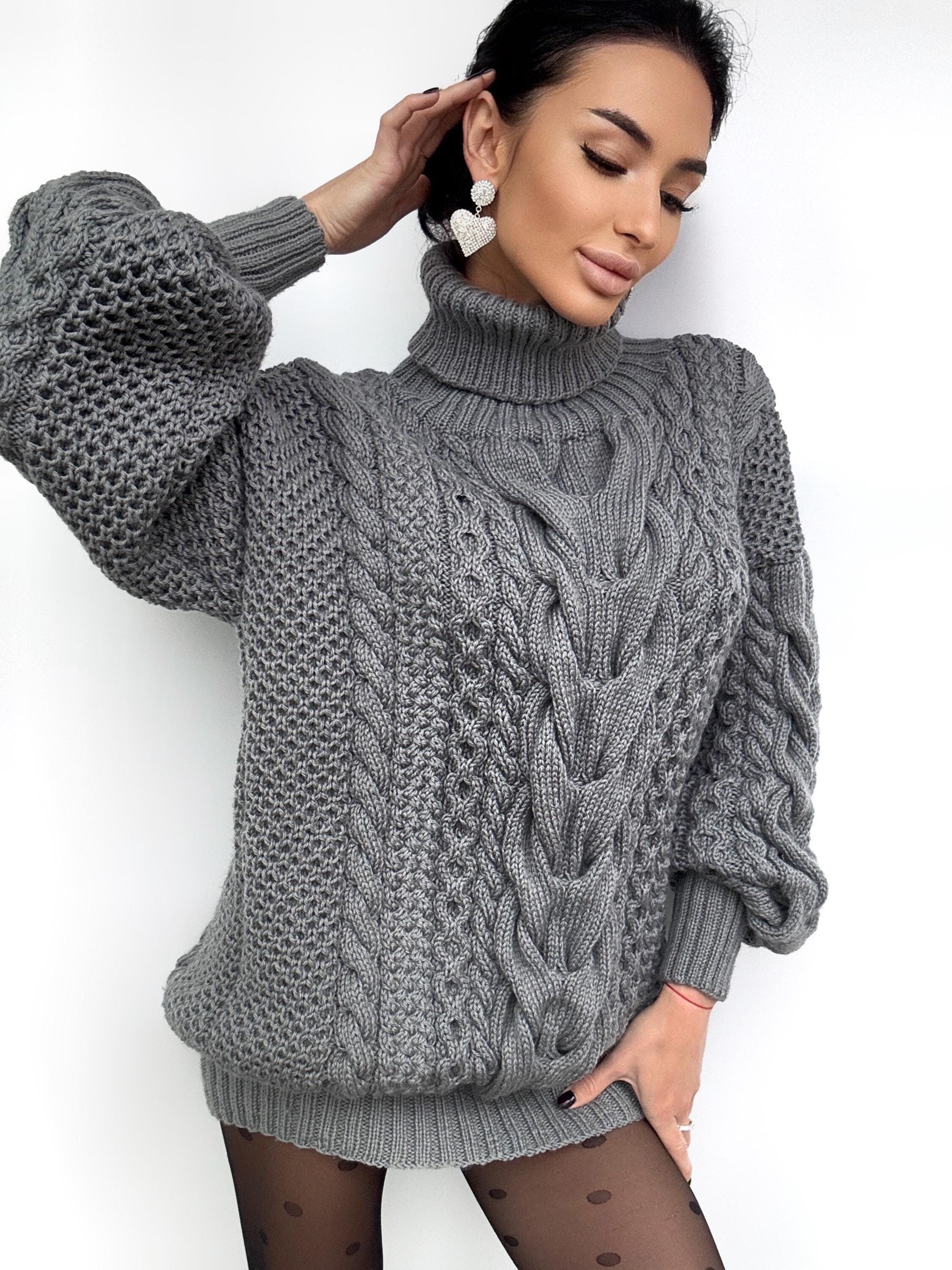 Aran long oversiz Grey big hand knit merino wool mixture sweater Turtleneck Graphite cable knit pullover women Сhunky knit sweater