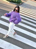 Chunky hand knit alpaca wool soft violet sweater purple Hand knit Pastel sweater Cable knit crop pullover Big cozy sweater for women