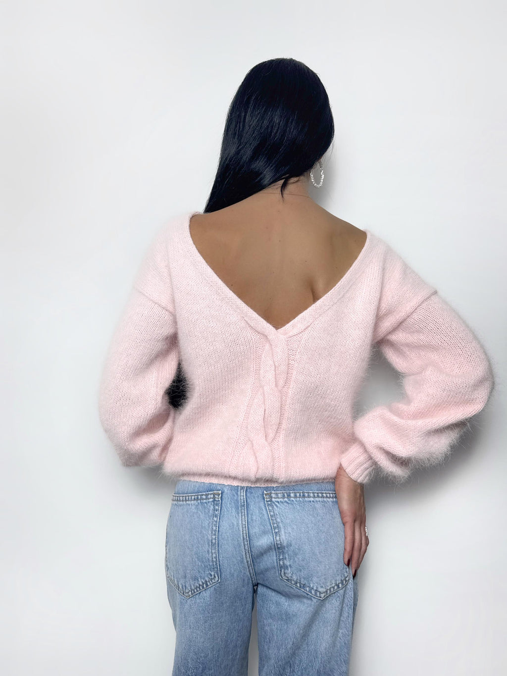 Angora light pink white sweater Open back Deep neckline Pastel fluffy angora pullover Loose fit oversized V-neck Top long sleevs Cozy gift