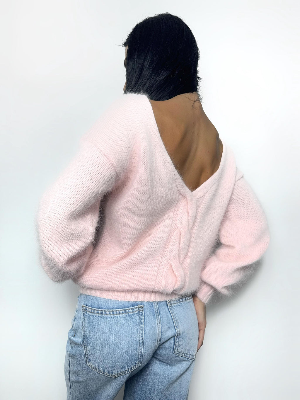 Angora light pink white sweater Open back Deep neckline Pastel fluffy angora pullover Loose fit oversized V-neck Top long sleevs Cozy gift