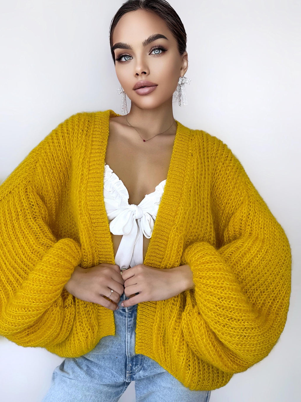Mohair cardigan women Yellow Lemon Bright cardigan Mohair sweater White knitted coat Jacket Women Bridal shrug bolero wool Fluffy short card