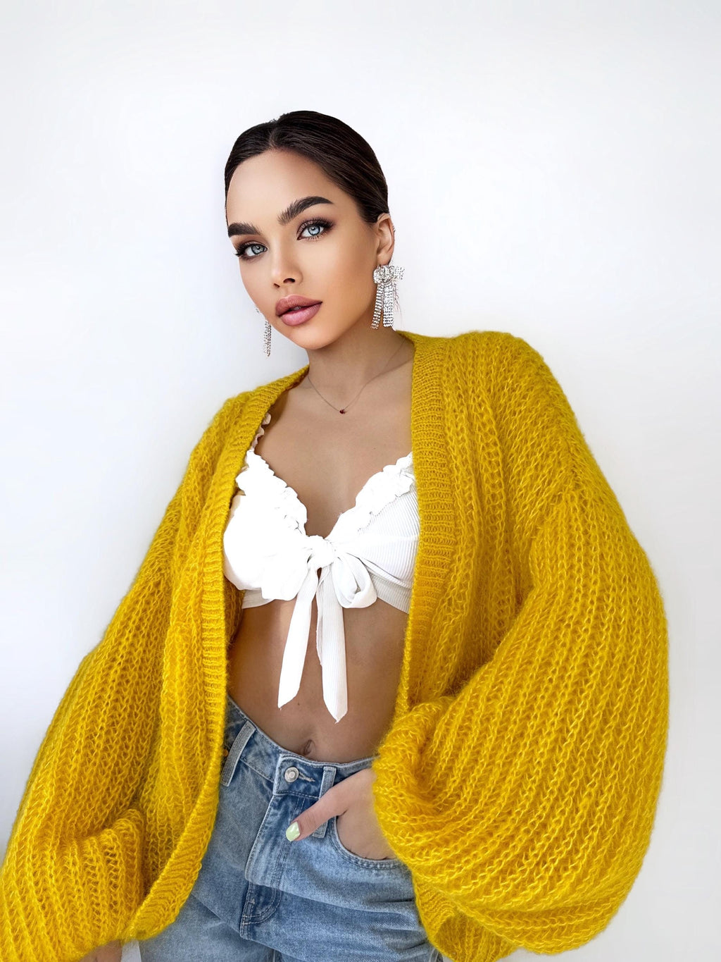 Mohair cardigan women Yellow Lemon Bright cardigan Mohair sweater White knitted coat Jacket Women Bridal shrug bolero wool Fluffy short card