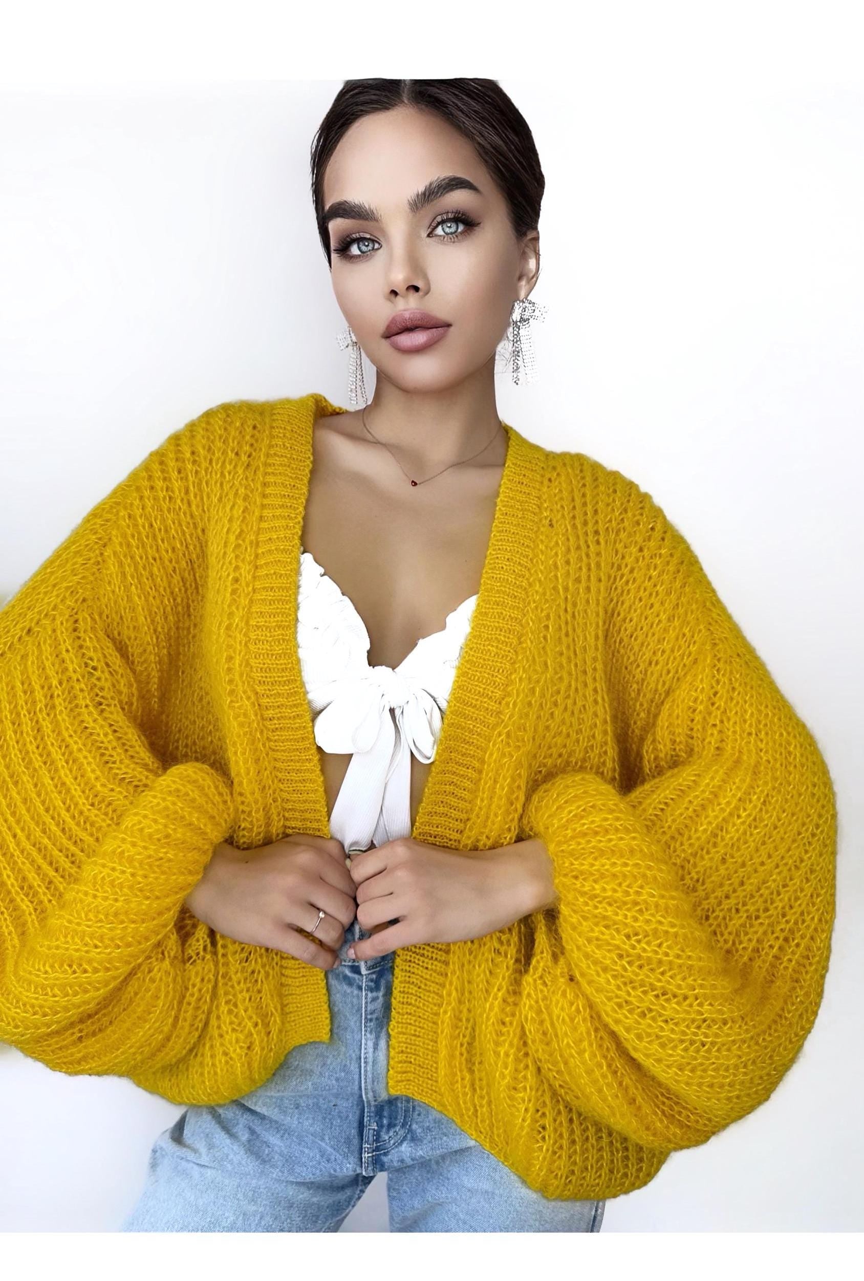 Mohair cardigan women Yellow Lemon Bright cardigan Mohair sweater White knitted coat Jacket Women Bridal shrug bolero wool Fluffy short card