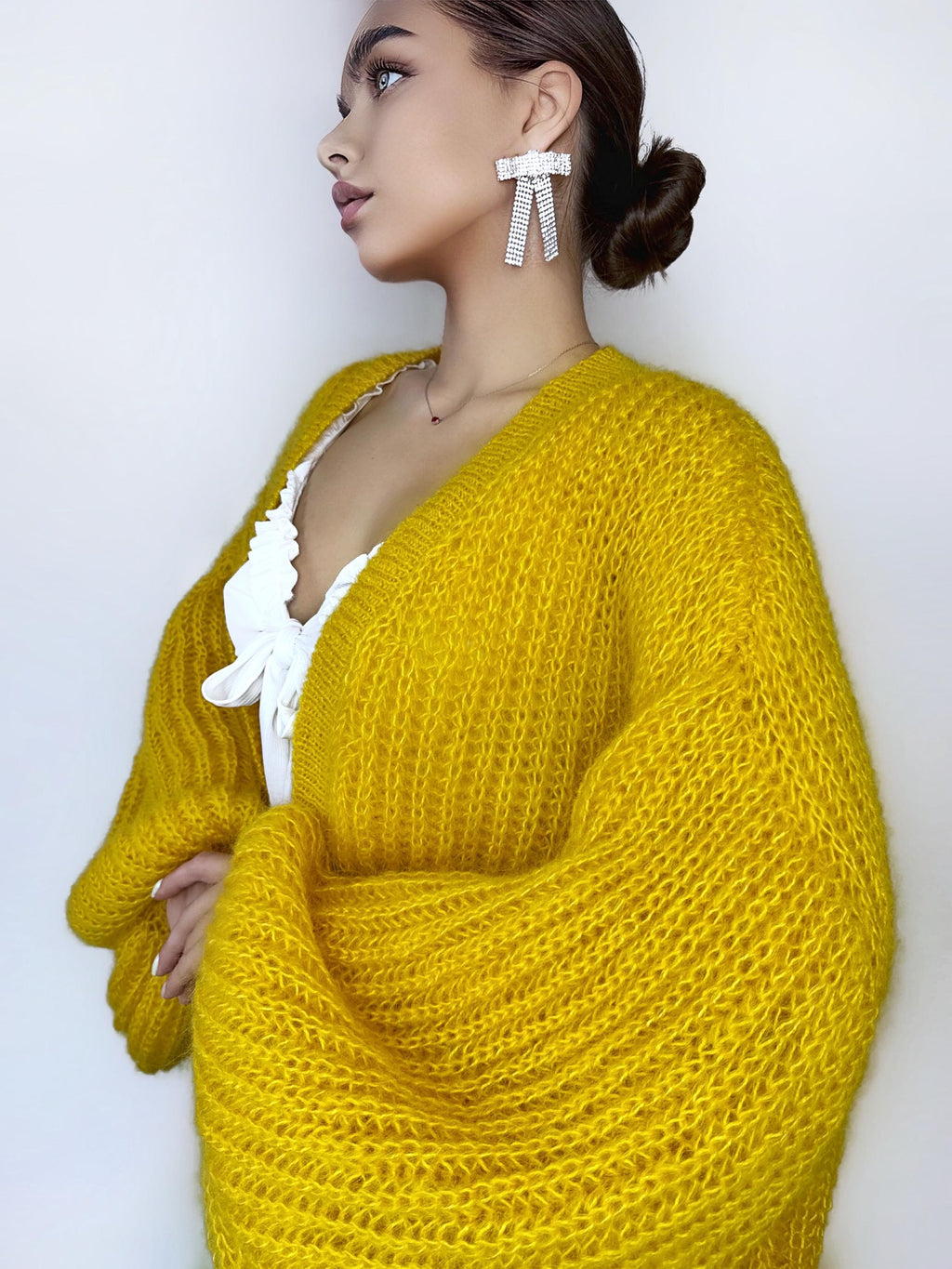 Mohair cardigan women Yellow Lemon Bright cardigan Mohair sweater White knitted coat Jacket Women Bridal shrug bolero wool Fluffy short card