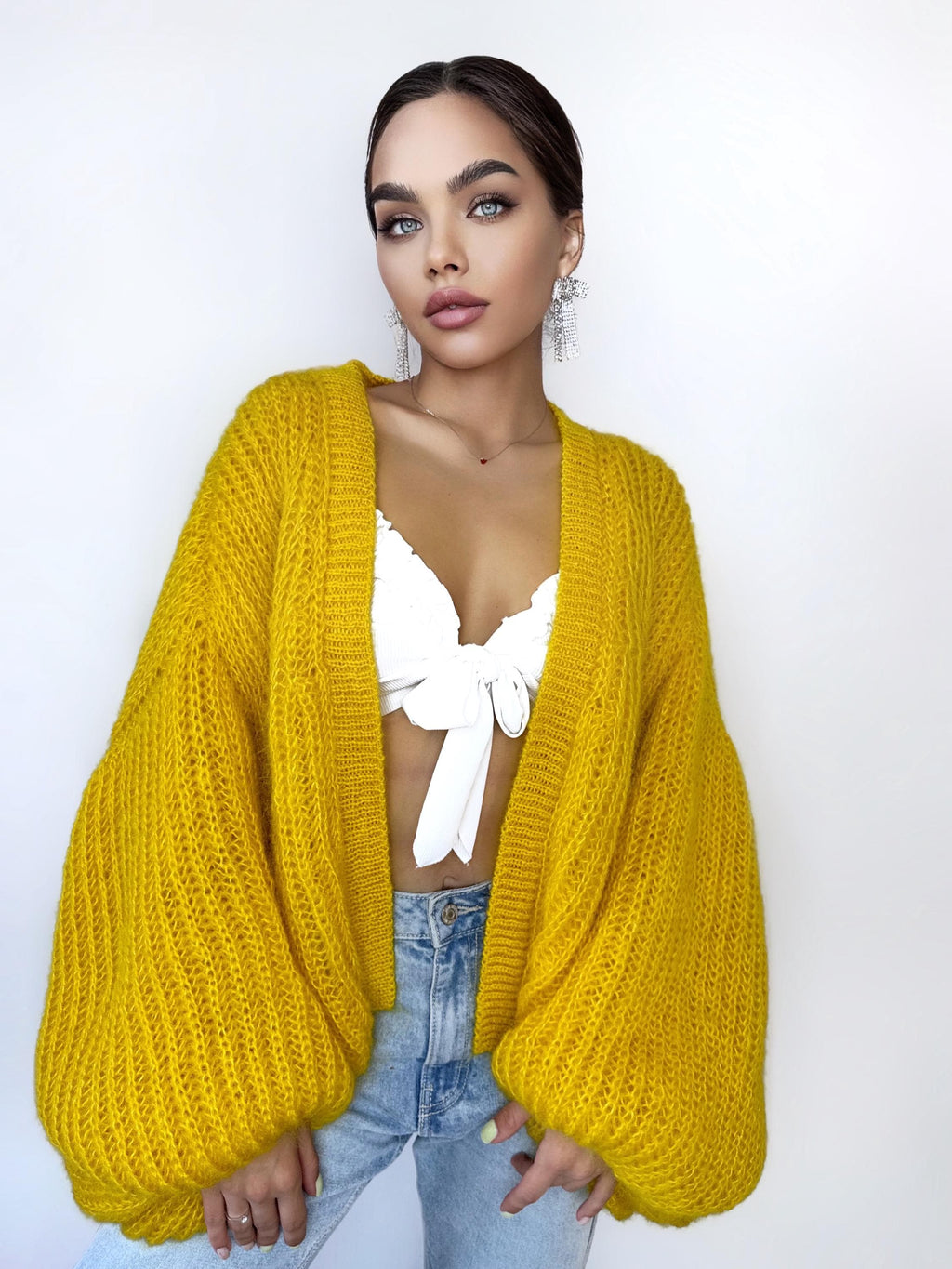 Mohair cardigan women Yellow Lemon Bright cardigan Mohair sweater White knitted coat Jacket Women Bridal shrug bolero wool Fluffy short card