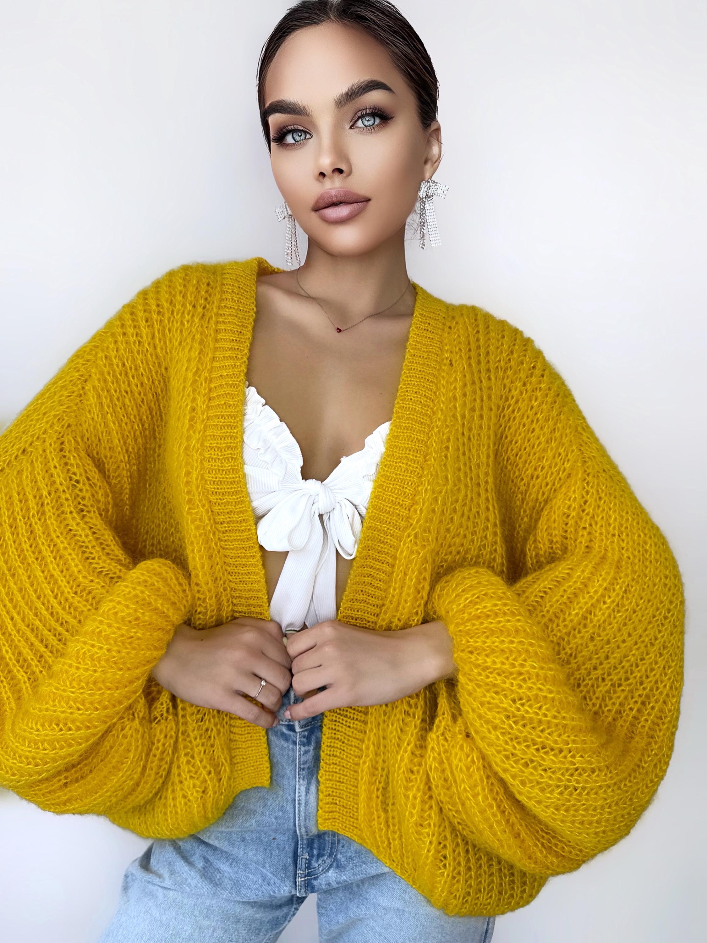 Mohair cardigan women Yellow Lemon Bright cardigan Mohair sweater White knitted coat Jacket Women Bridal shrug bolero wool Fluffy short card