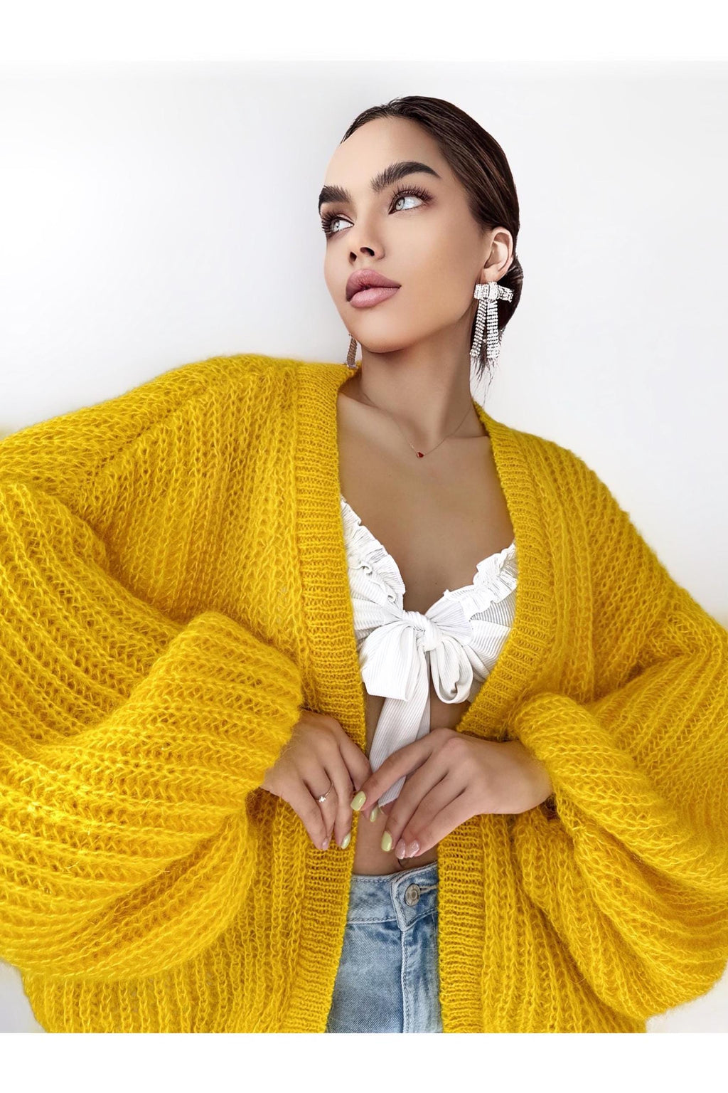 Mohair cardigan women Yellow Lemon Bright cardigan Mohair sweater White knitted coat Jacket Women Bridal shrug bolero wool Fluffy short card