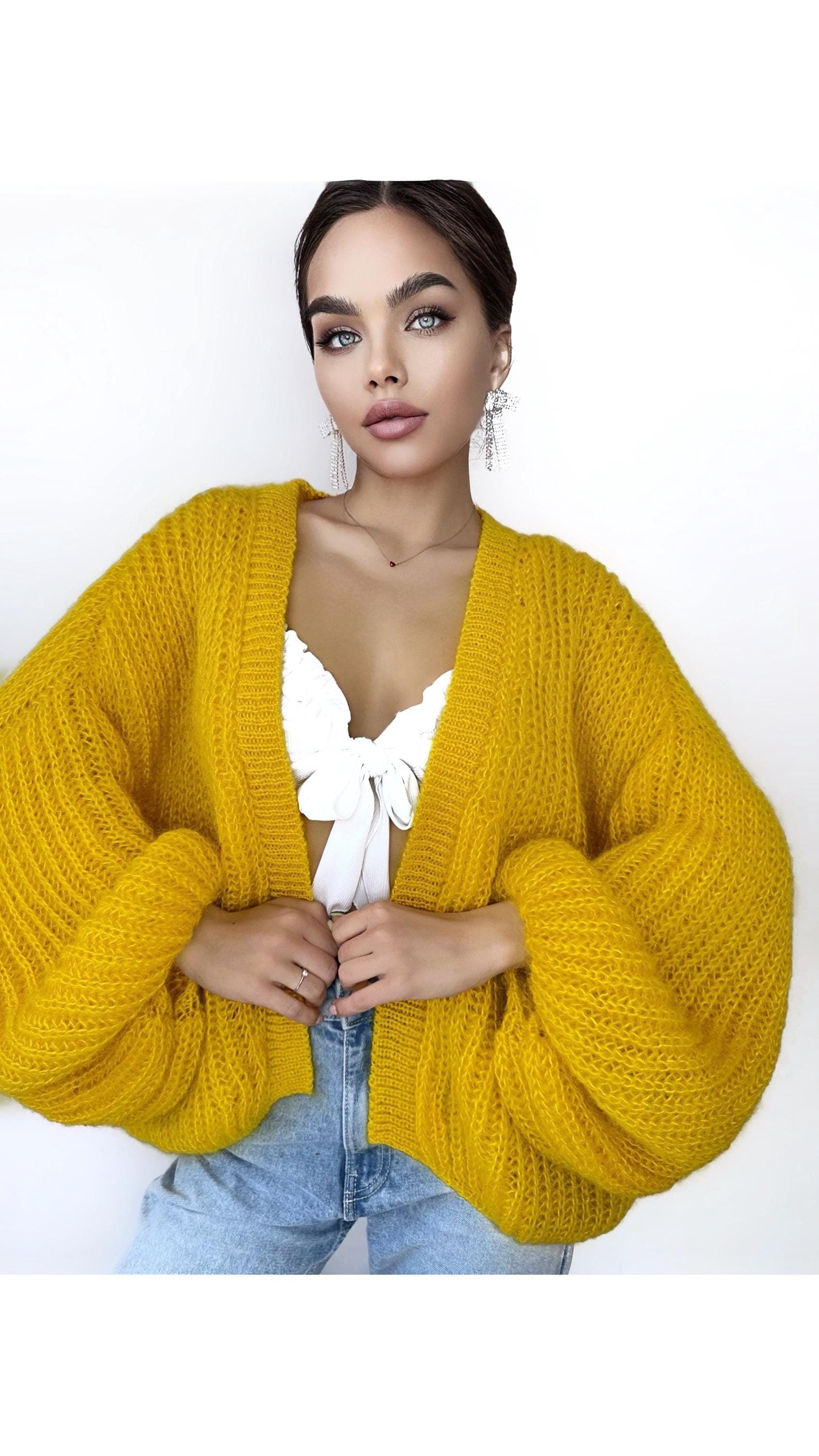 Mohair cardigan women Yellow Lemon Bright cardigan Mohair sweater White knitted coat Jacket Women Bridal shrug bolero wool Fluffy short card